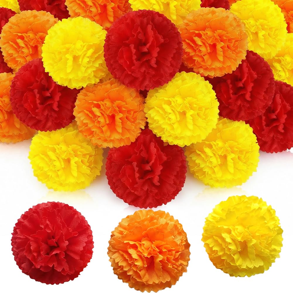 OWATRKDEY 30 Pcs Artificial Marigold Flower Heads for Decoration – Fake Flowers for Day of the Dead, Diwali, Halloween, Home Decor (Red, Orange, Yellow) Complete Set