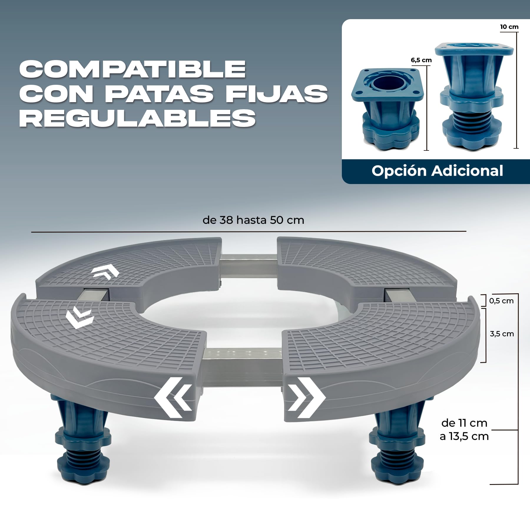Base Redonda Ajustable 38-50 cm con Ruedas 300 KG – Plataforma Soporte ABS Alta Densidad + Acero Inoxidable – 4 Ruedas Dobles 360º con Freno – Para Macetas Grandes, Bombona Butano (SOPORTE + 4 RUEDAS)