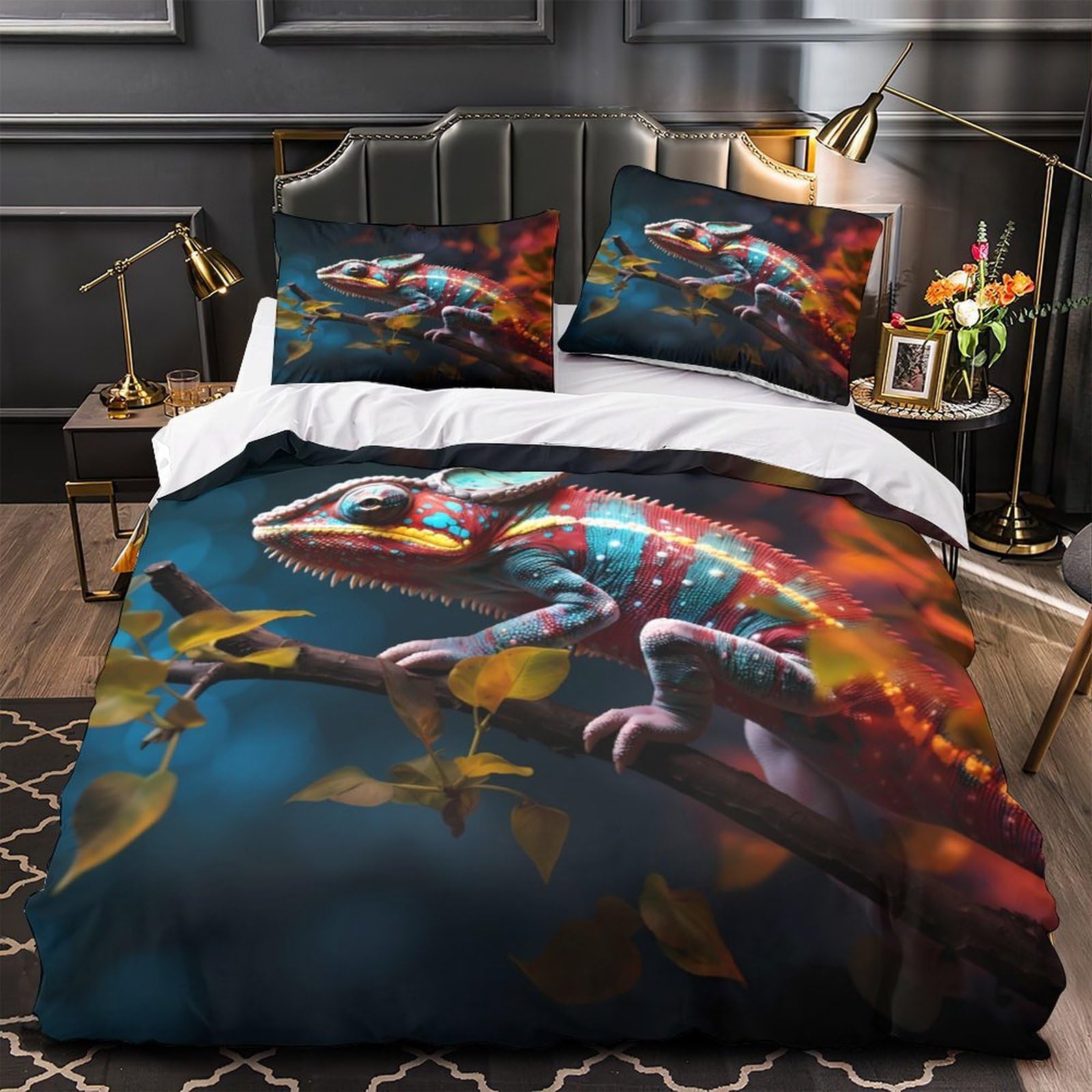 Housse de couette microfibre anti-tache motif lézard 3D grand lit aux couleurs inaltérables