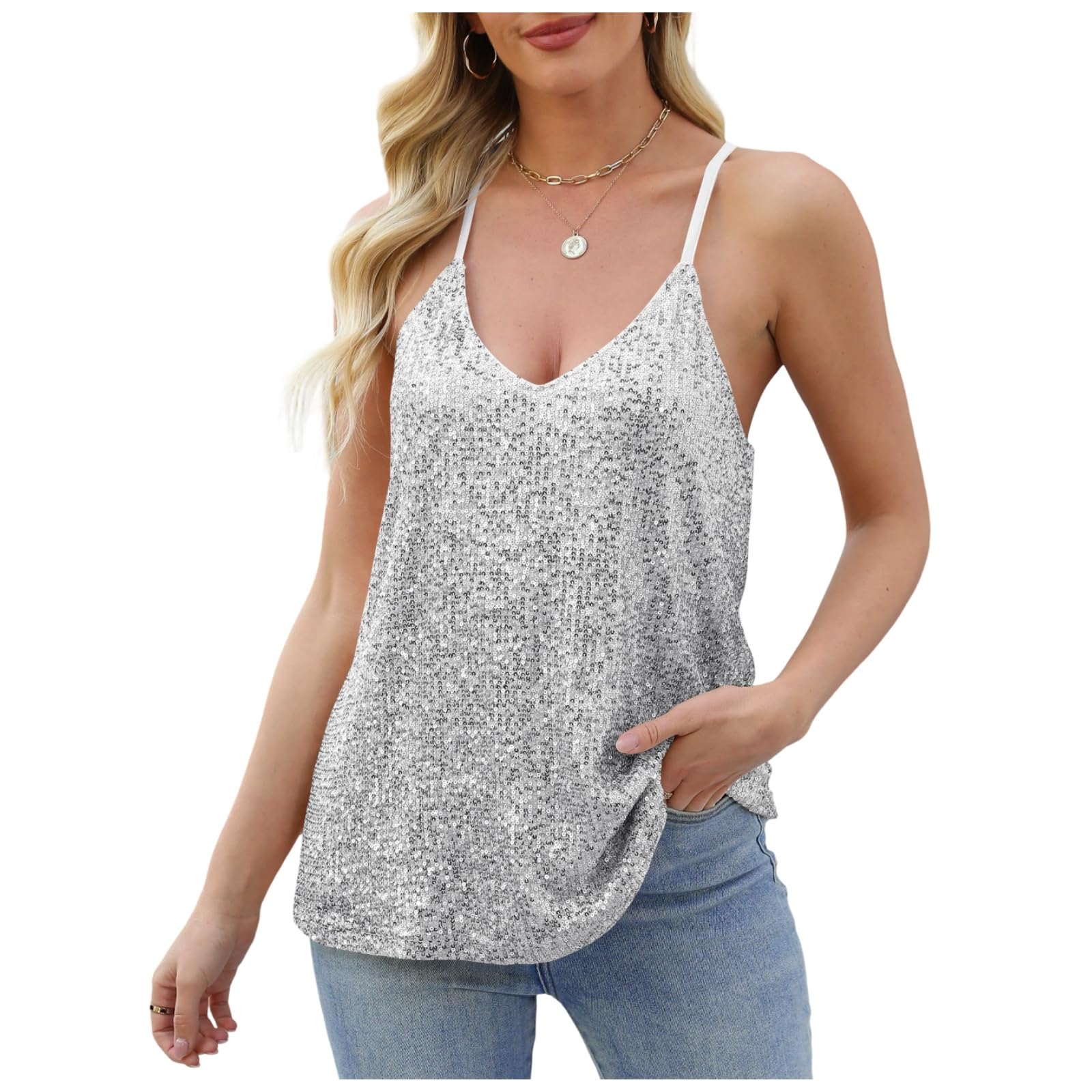 Daysskk Canotta da donna con paillettes scintillante senza maniche