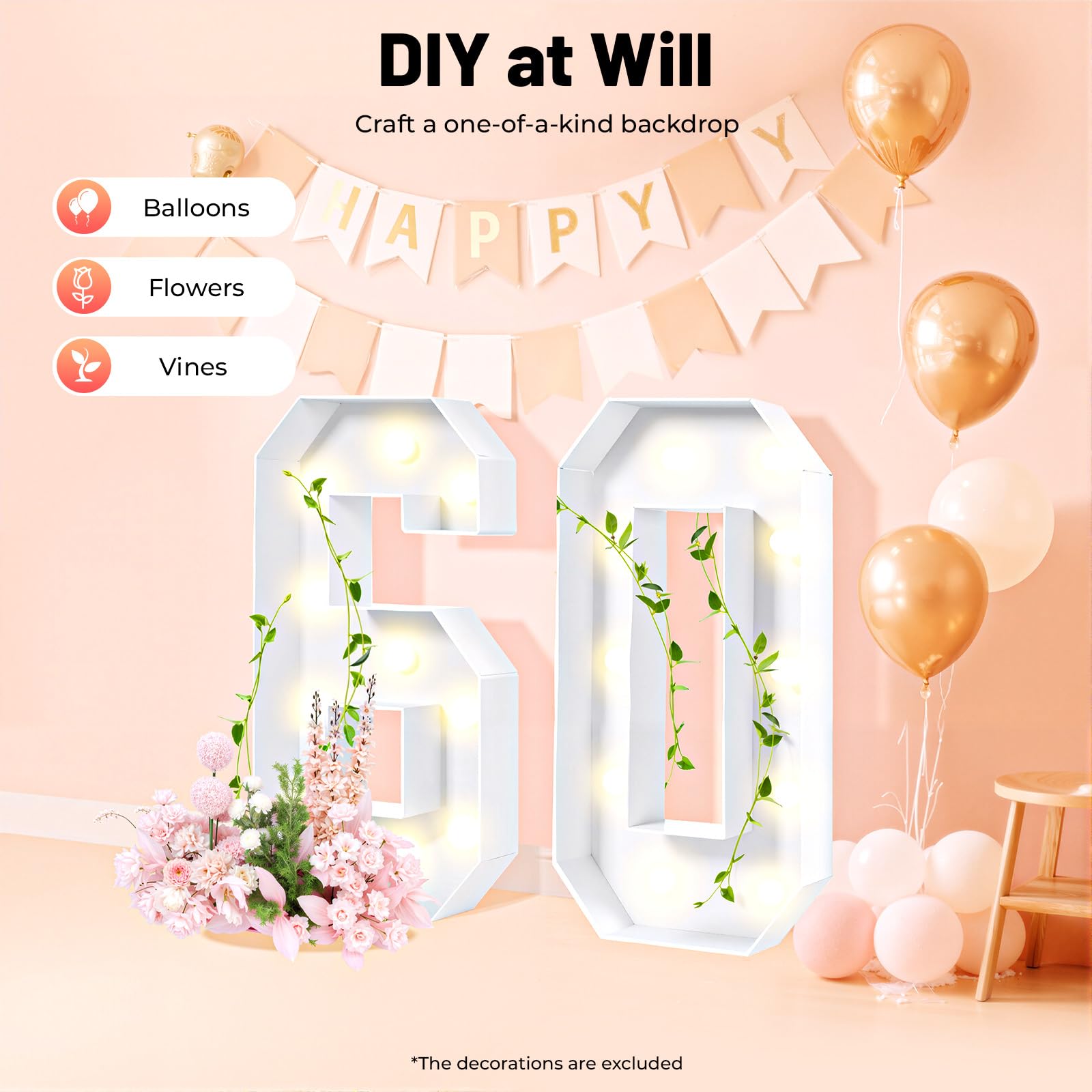 Lampada con numeri da 100 cm "60" con 20 luci LED, lettere luminose alimentate a batteria per 60° compleanno, cavo luminoso riutilizzabile in piastra KT, per feste ed eventi, bianco