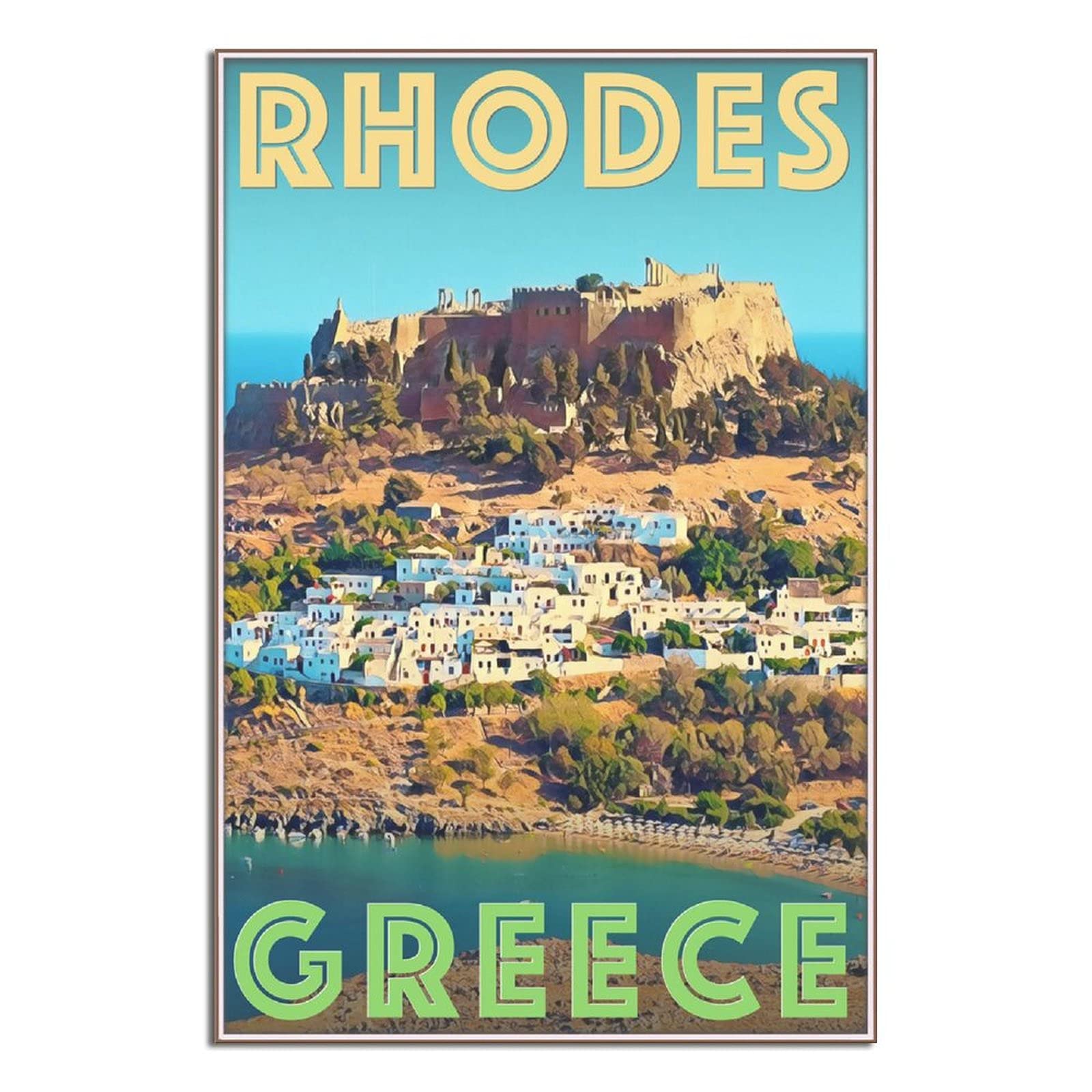 KZIWQ Metal Tin Sign Rhodes Aegean Sea Greece Landscape House Vintage Travel Tin Sign Vintage Rustic Decor Cave Coffee Shop Bar Bedroom Home Wall Decor Nostalgic Tin Sign 20x30cm