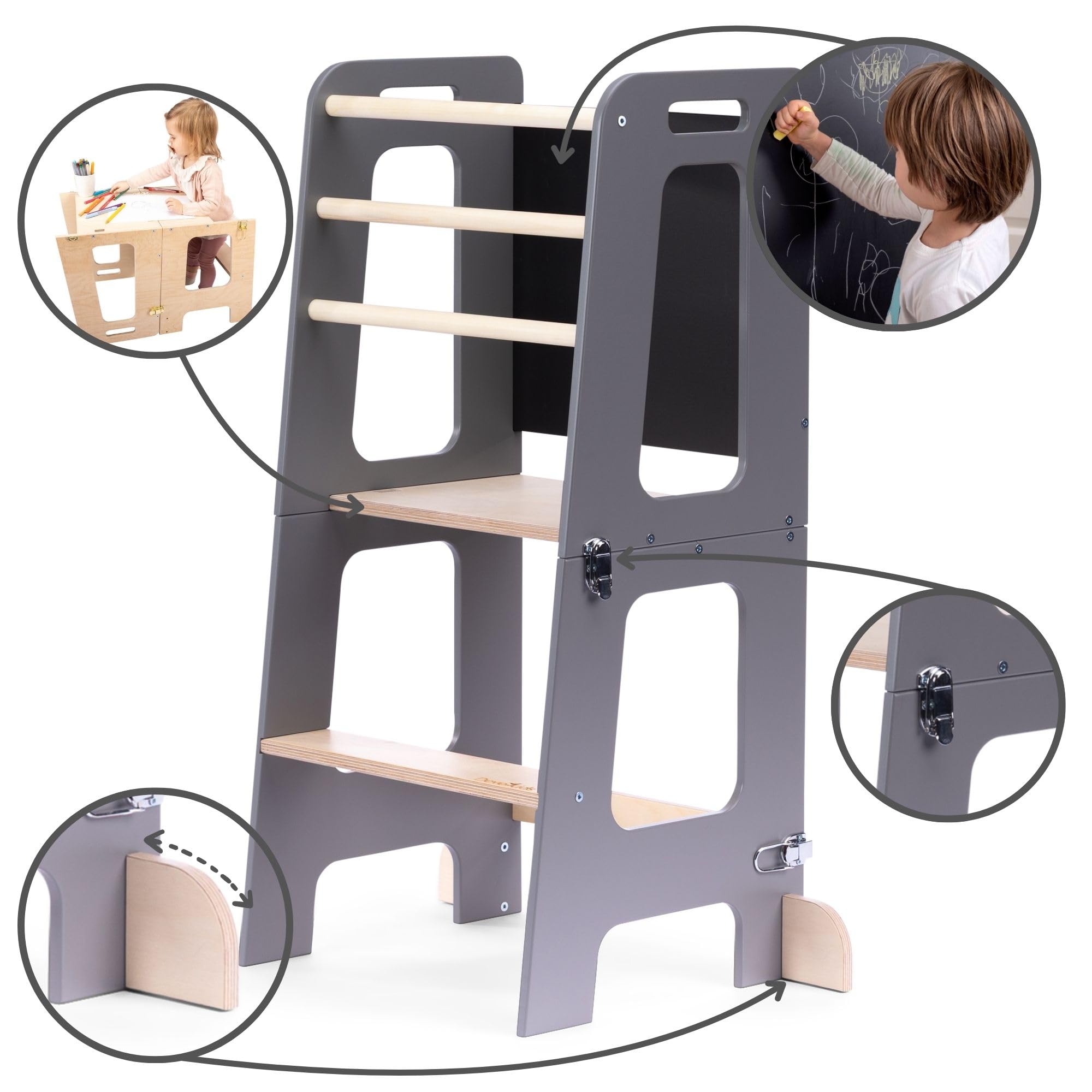 Montessori Lernturm für Kinder | Klappbarer Küchenhelfer mit Rutsche & Tafel | Stehturm ab 1 Jahr (Dunkelgrau und Holz, Mit Rutsche)