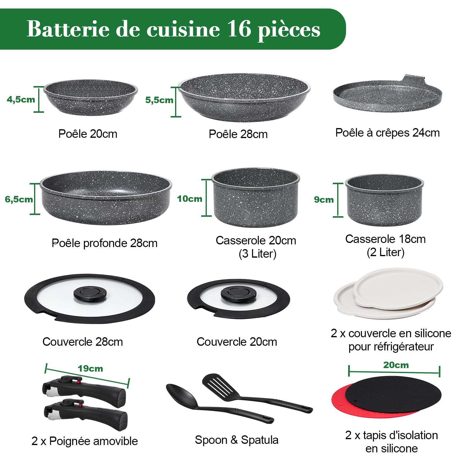 Batterie de cuisine induction 16 pièces 20cm/28cm poignées amovibles empilable antiadhésif céramique sans PFAS gris