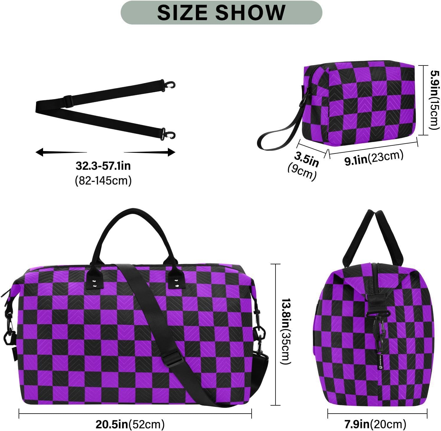 Luggage Travel Bag Buffalo Plaid Check Black Violet Gym Tote Bag with Toiletry Bag for Business Trips Large Capacity bolsas grandes para mujer