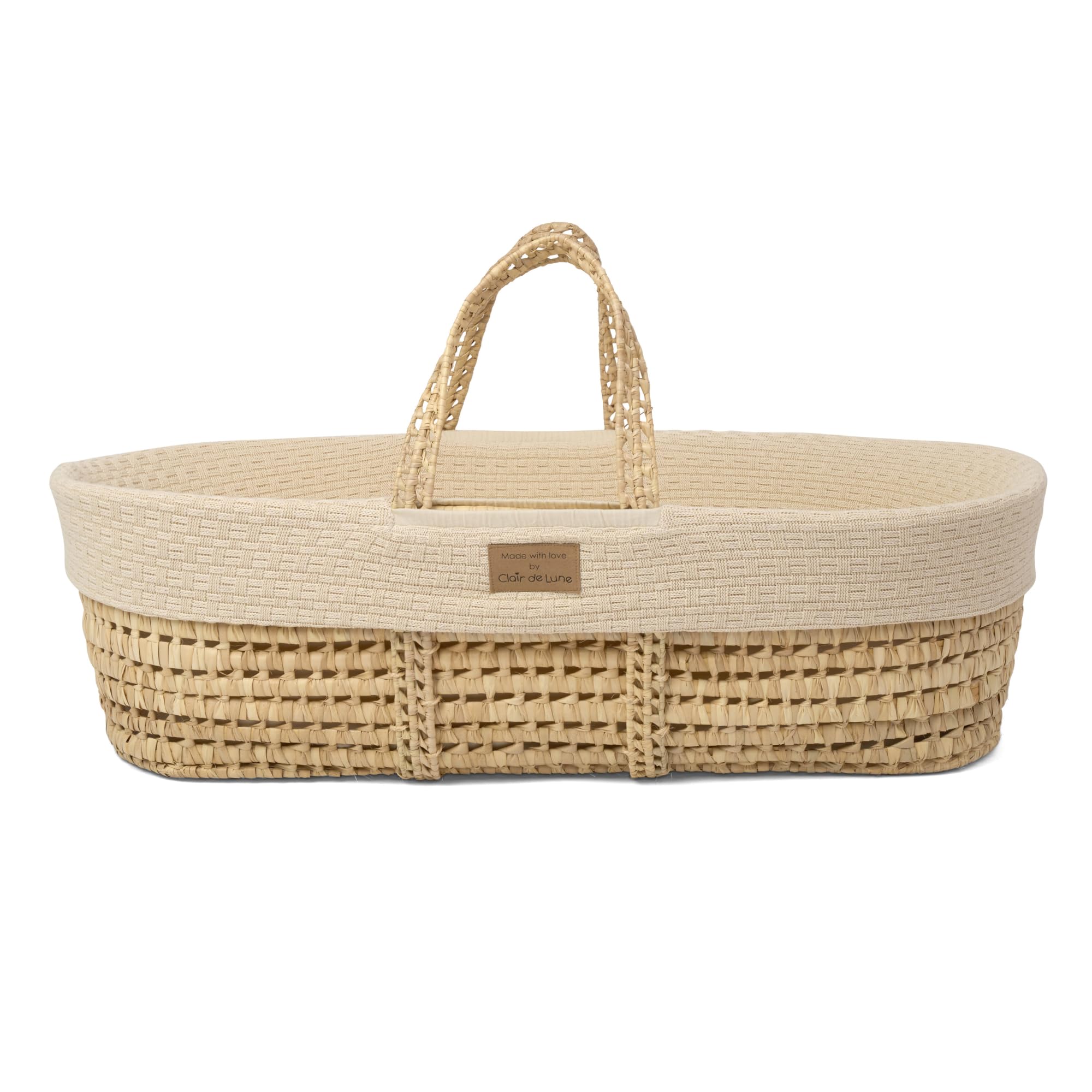 Clair de Lune Moisés de Punto orgánico con Cesta de Palma Natural, apósito de Punto orgánico y colchón de bambú Natural, 75 x 28 cm (Crema)