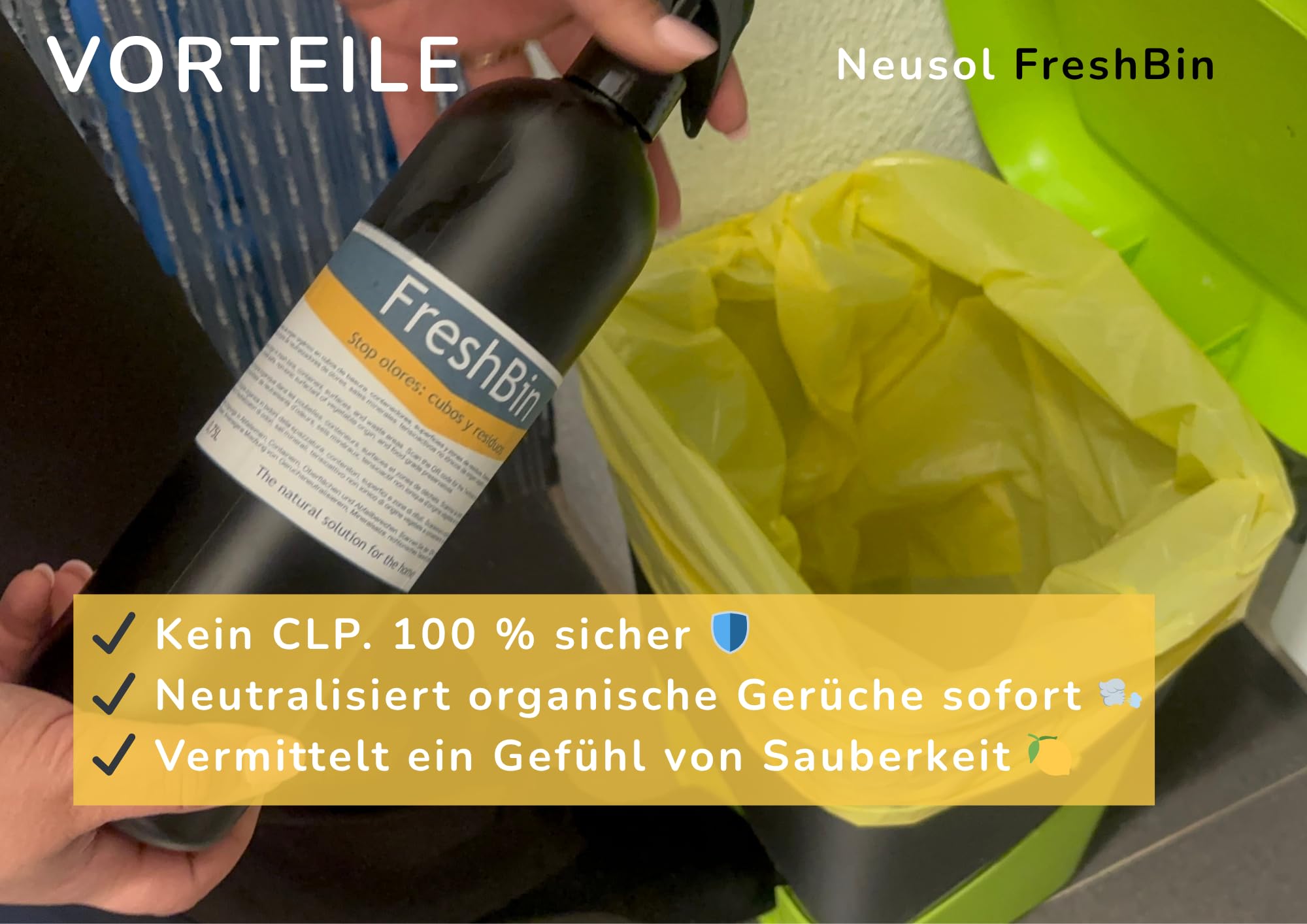 FreshBin - Geruchsneutralisierer für Eimer, Behälter und Abfallbereiche | entfernt biologische, Fisch- und Speisereste | Zitrusfrische | sichere Formel ohne CLP 0,75L