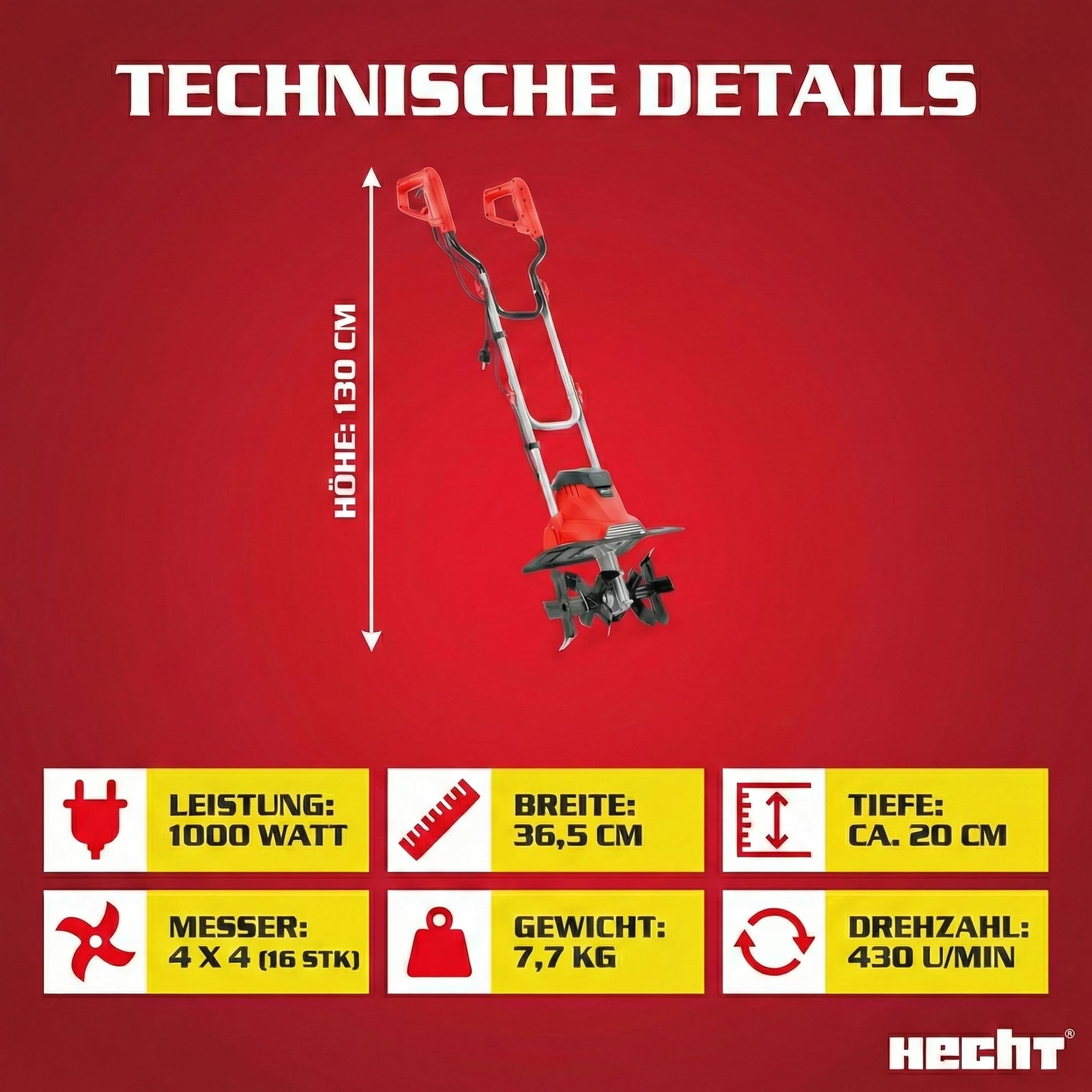 HECHT Gartenfräse Bodenhacke für einen schönen Garten – Perfekt zum auflockern und umgraben Ihrer Erde – Mit 36,5 cm Arbeitsbreite und leistungsstarken 1000 Watt Motor (Rot)