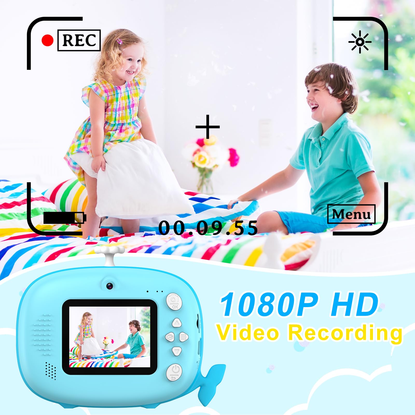 Ushining Camara Fotos Infantil Instantanea, 10X Zoom 1080P Videocámara Cámara Instantánea Niños con Pantalla de 2,4 Pulgadas Papel de Impresión y Tarjeta TF de 32GB, Regalos para Niños y Niñas, Azul