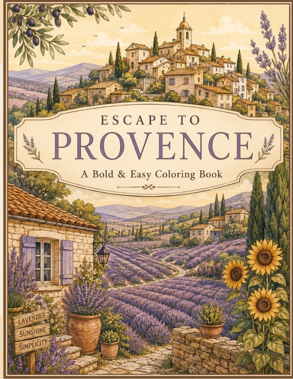 Escape to Provence: A Bold & Easy Coloring Book for Adults — 51 Large Print Designs of Lavender Fields, Stone Villages, Olive Groves & the South of France