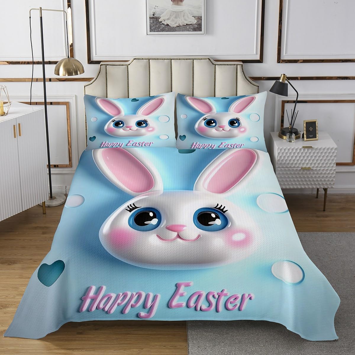 Happy Easter Bedspread Twin Size,Cute Blue Rabbit Bedding Sets for Kids Girls Boys Adult Room Decor,3D Print Bunny Pet Comforter Set Sweet Heart Spring Holiday Quilt Set,1 Pillowcase