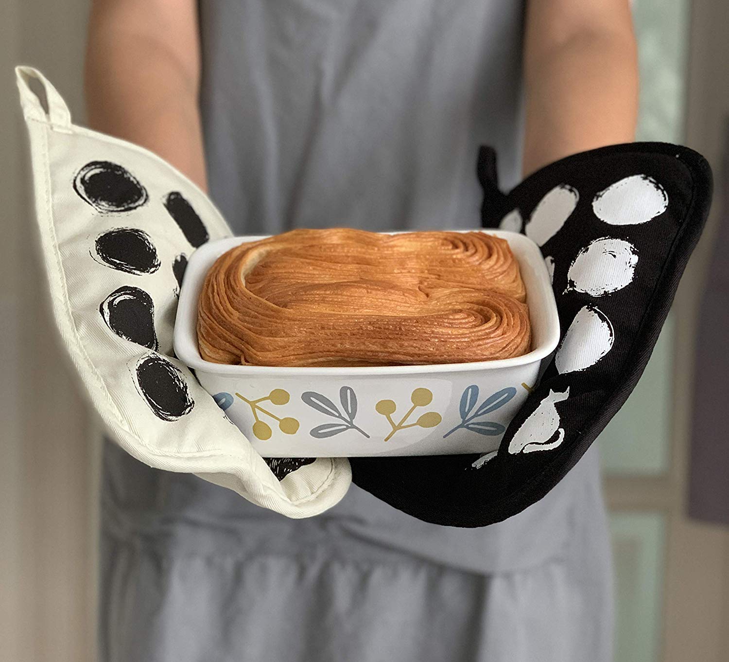 ZORR Guantes de Horno algodón con 2 Soportes para los Amantes de los Gatos, Guantes de Horno Resistentes al Calor para cocinar y Hornear (4 Piezas)