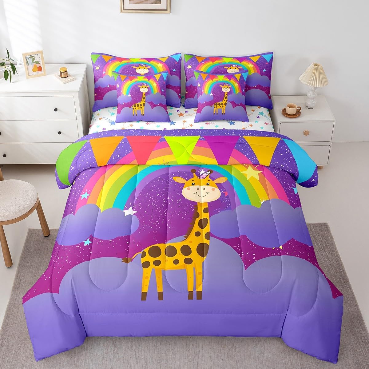 Erosebridal Rainbow Giraffe Bedding 7PCS Twin Size Comforter Sets for Boys Animal Bedding Sets,1 Comforter,1 Flat Sheet,1 Fitted Sheet,2 Pillowcases,2 Throw Pillow Covers