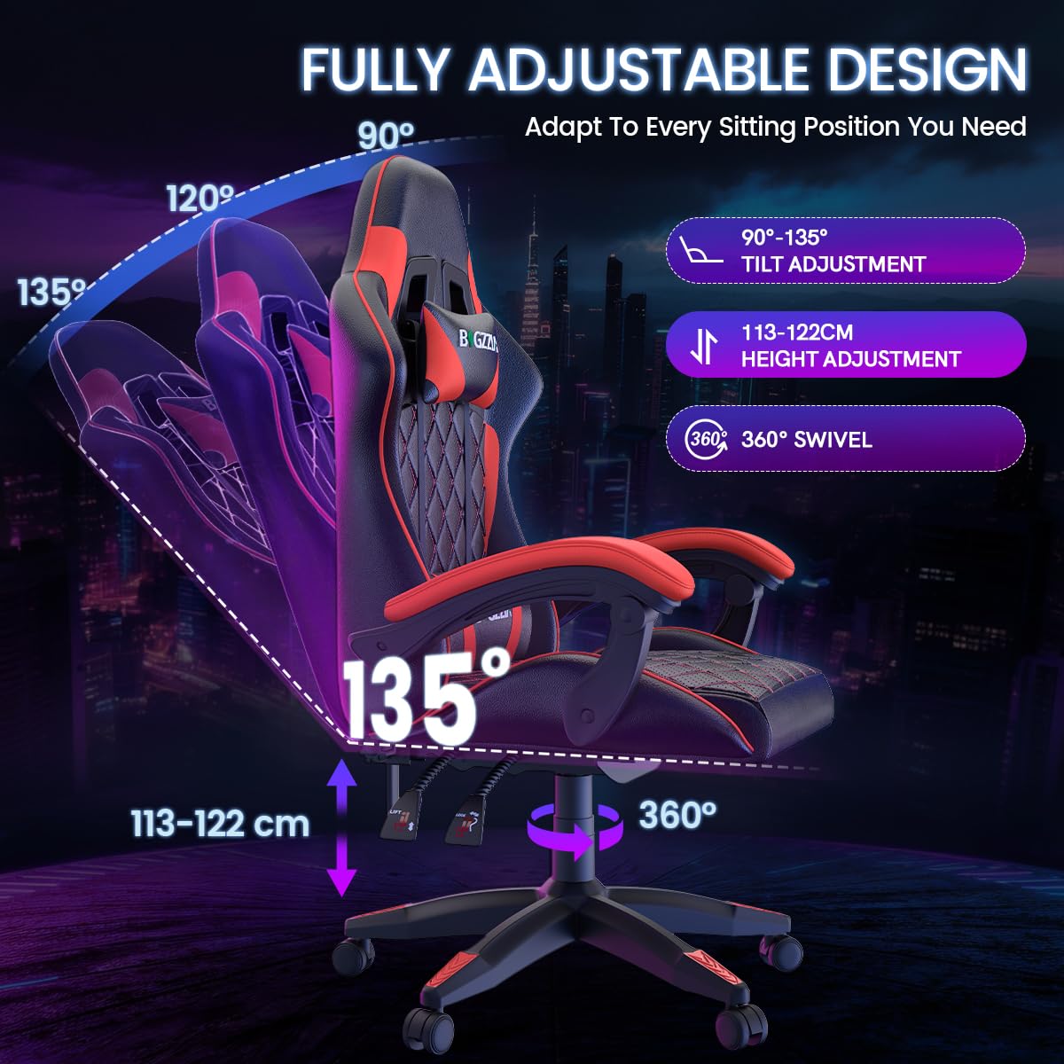 bigzzia Sedie Gaming, Sedie Gaming Ergonomiche con Cuscino Ventilato, Regolazione Angolo 90°-135°, Sedia da Gaming Schienale Alto con Supporto Testa, Ideale per Gaming, Studio e Ufficio (Rosso)