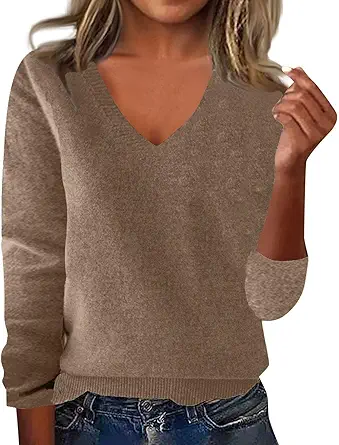 OIOLOYJM Fall Cashmere Sweaters for Women 2025 V Neck Long Sleeve Tops Knitted Pullovers Lightweight Merino Wool Sweater