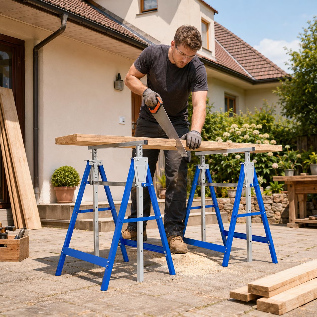 Lot de 2 tréteaux d'échafaudage, tréteau de travail stable - Charge maximale : 200 kg - 7 positions réglables en hauteur de 80 à 130 cm - En métal - Bleu argenté