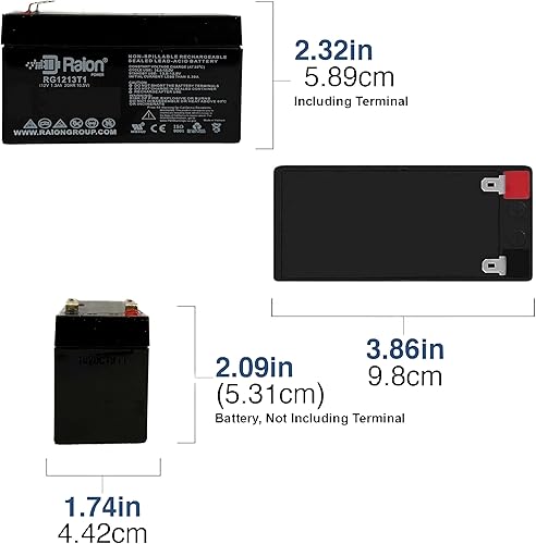 Miniatura 2 de Raion Power Batería recargable de repuesto de plomo ácido sellada RG1213T1 de 12 V, 12 voltios, 1.3 Ah con terminales Faston T1F1