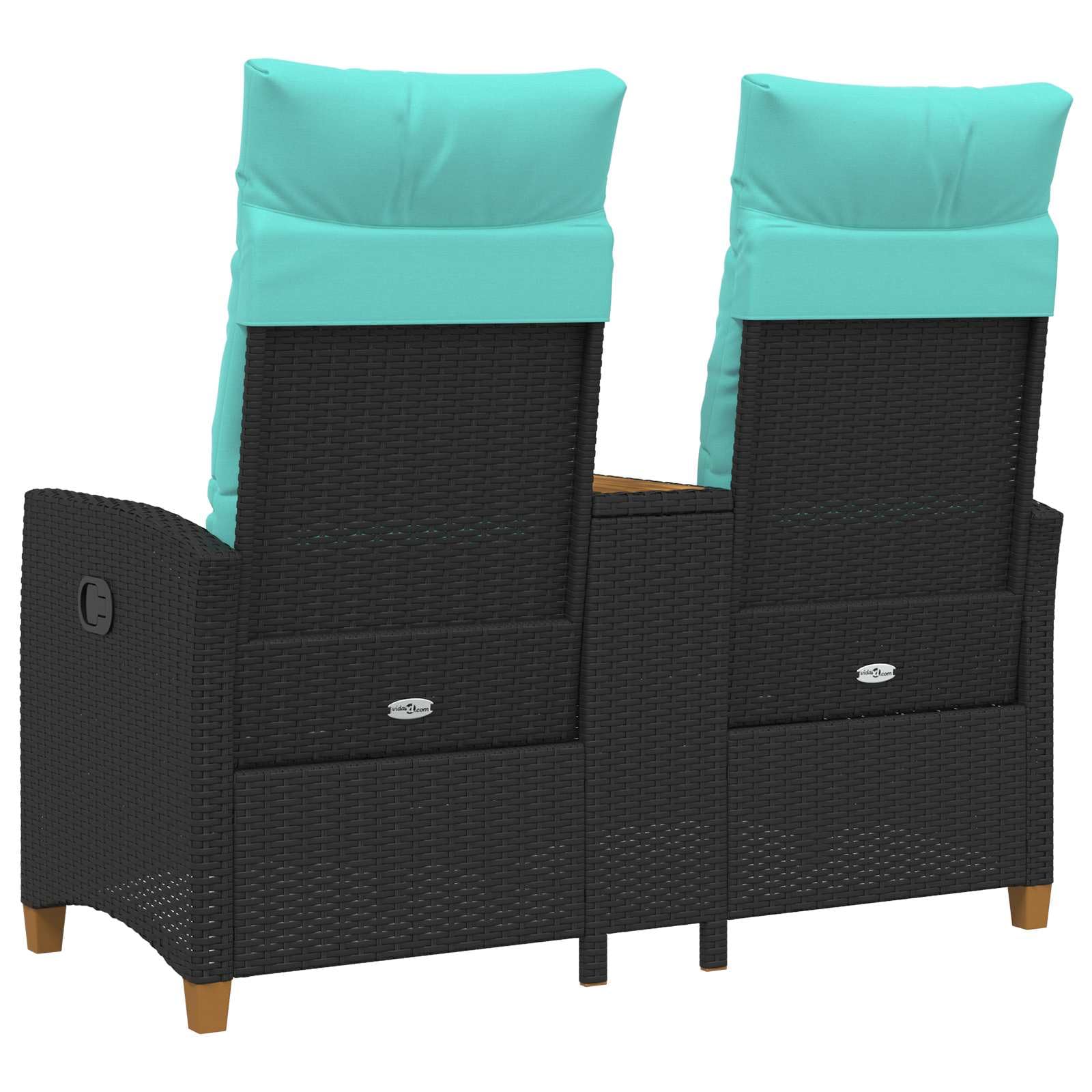 Rattan Gartenbank mit integriertem Tisch und Verstellbarer Rückenlehne, 2-Sitzer Poly-Rattan Liegebank mit Kissen, Outdoor Relaxsessel für Garten und Terrasse, Schwarz Türkis