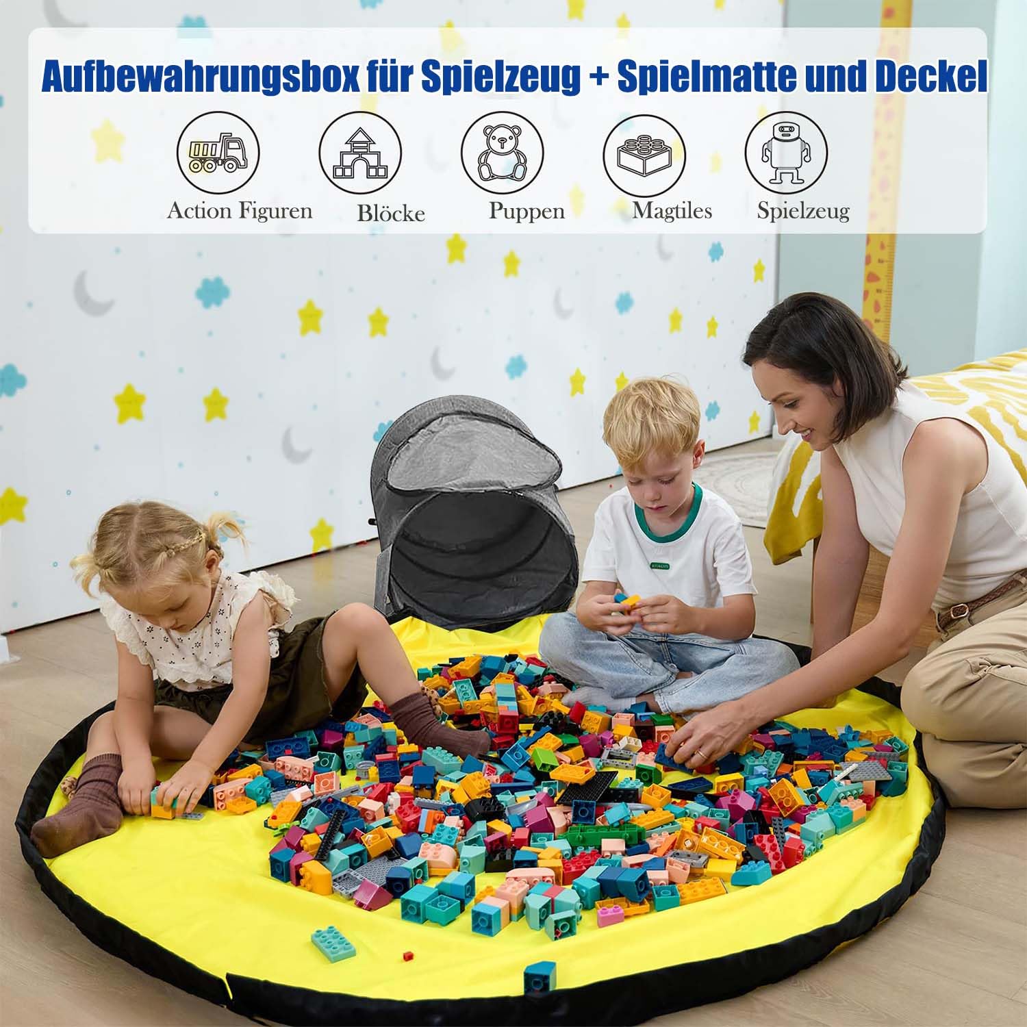Exquilnova Aufbewahrungstasche für Spielzeug, Bausteine Aufbewahrung Tasche mit Spielmatte und Deckel Aufbewahrungsbox mit Spielteppich, Aufbewahrungskorb für Kinderzimmer, Kinder Geschenk (Grau) Küche, Haushalt & Wohnen
