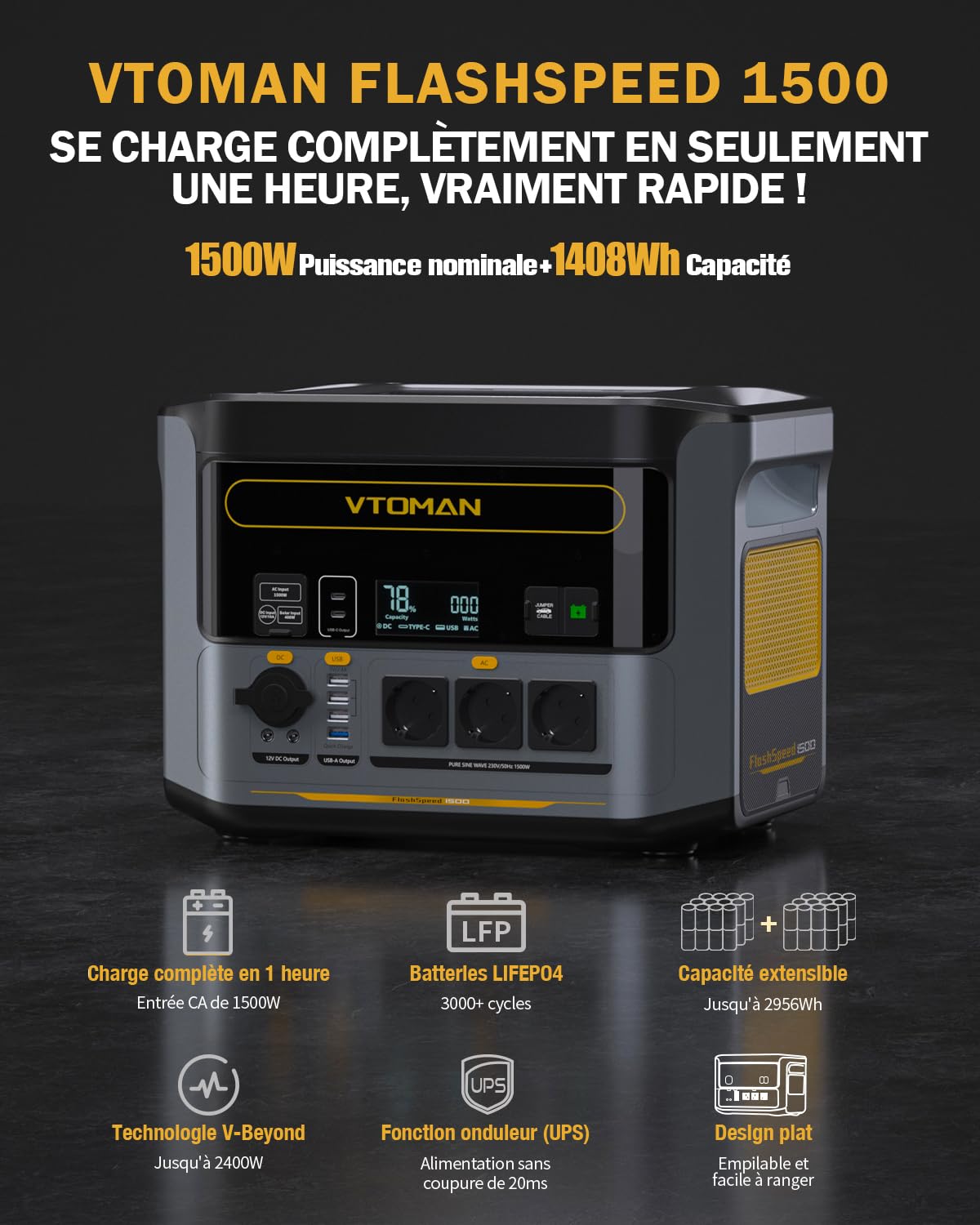 VTOMAN FlashSpeed1500 Station Électrique Portable- 200W Pro Panneau Solaire