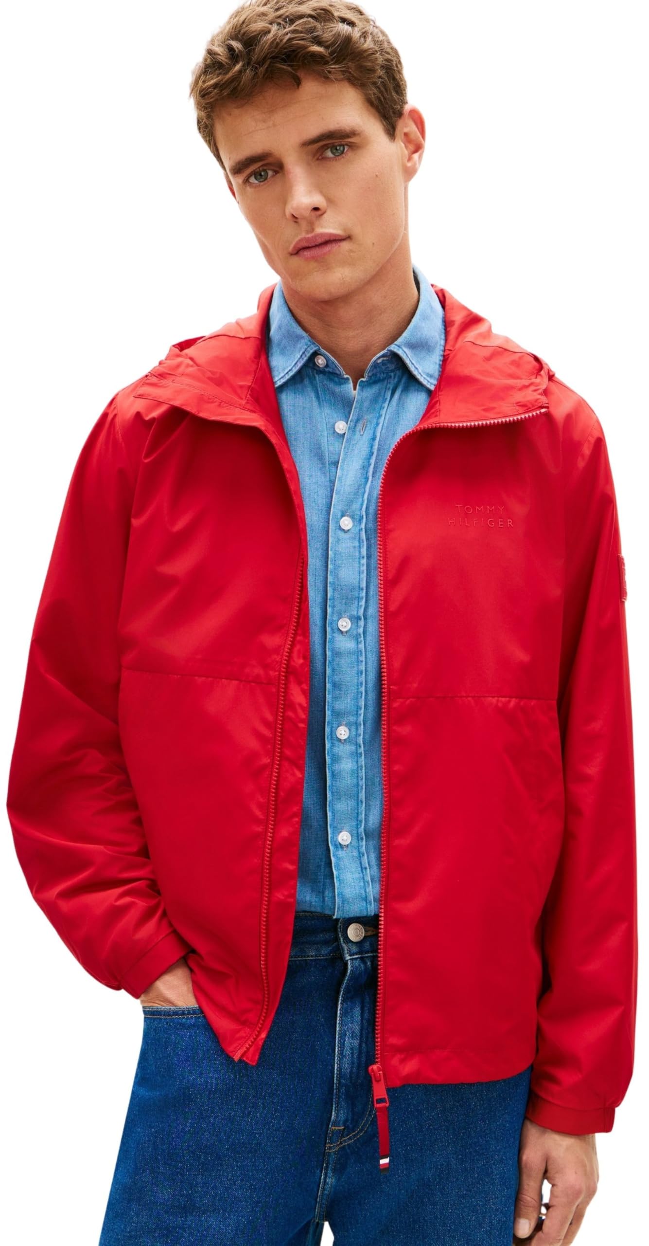 Tommy Hilfiger Uomo Giacca a Vento Branded Hooded con Cappuccio, Rosso (Medium Red), L