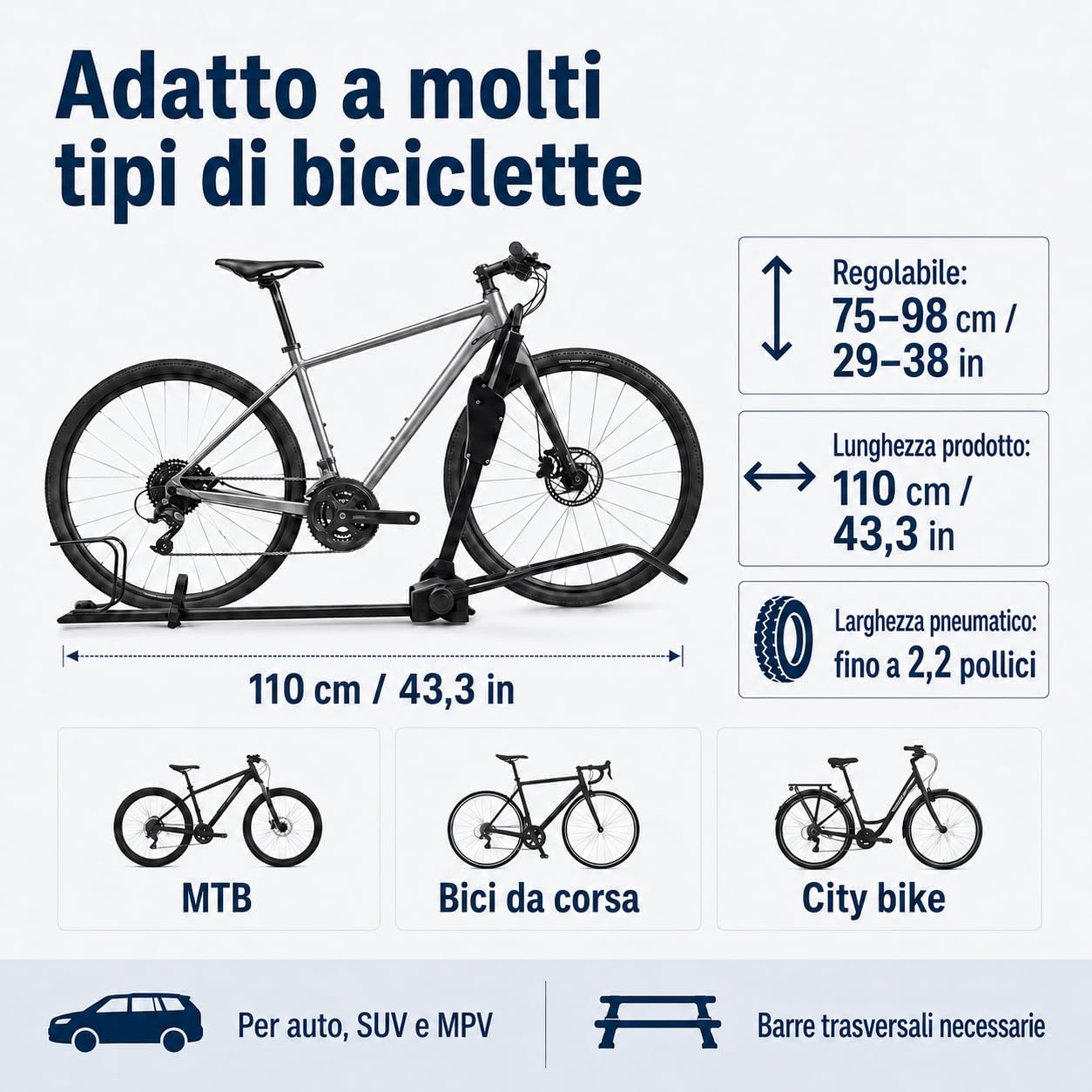 Portabici universale con protezione antifurto per auto SUV fino a 38 pollici | Con doppia chiusura e fissaggio a quattro punti, altezza regolabile da 75 a 98 cm per un trasporto sicuro