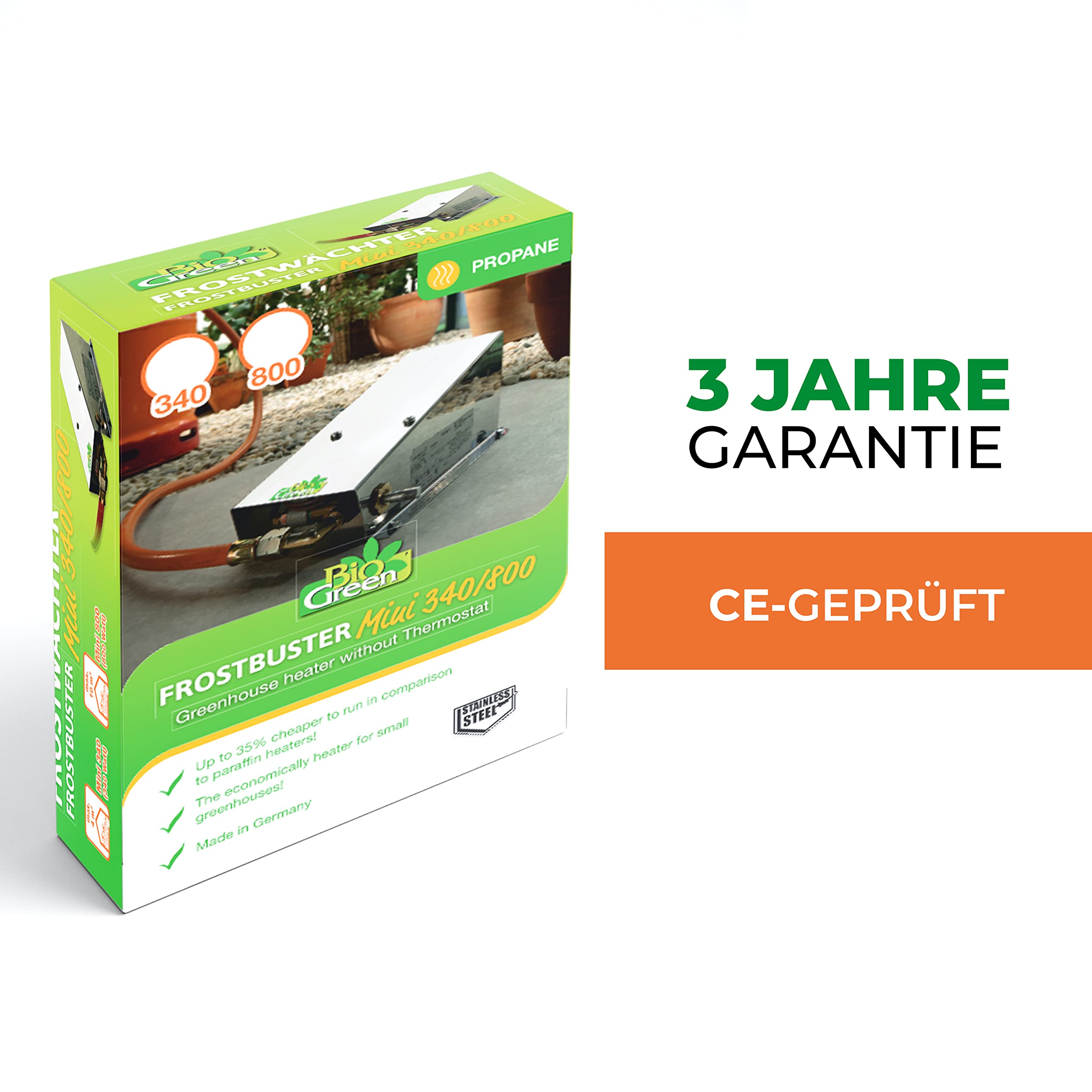 BioGreen Gas-Gewächshausheizung „Frostwächter Mini“ mit 800 Watt | für Gewächshäuser bis 6 m² | Thermo-Sicherung | Edelstahl | L 19 x B 12 x H 9 cm