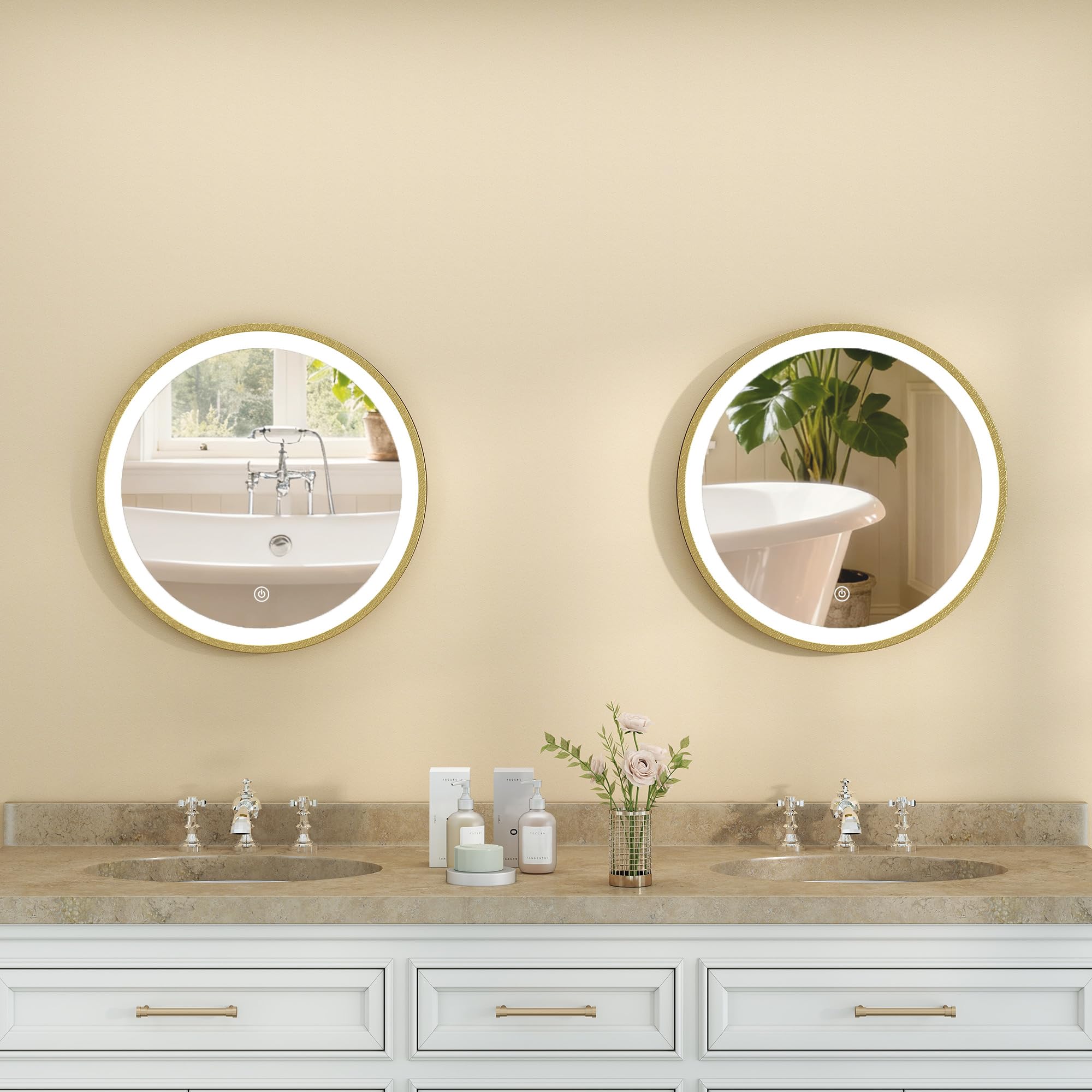 HOMCOM Miroir Salle de Bain avec éclairage LED Rond 40 cm, Miroir Lumineux Mural à 3 températures de Couleur, luminosité réglable, Interrupteur Tactile, doré