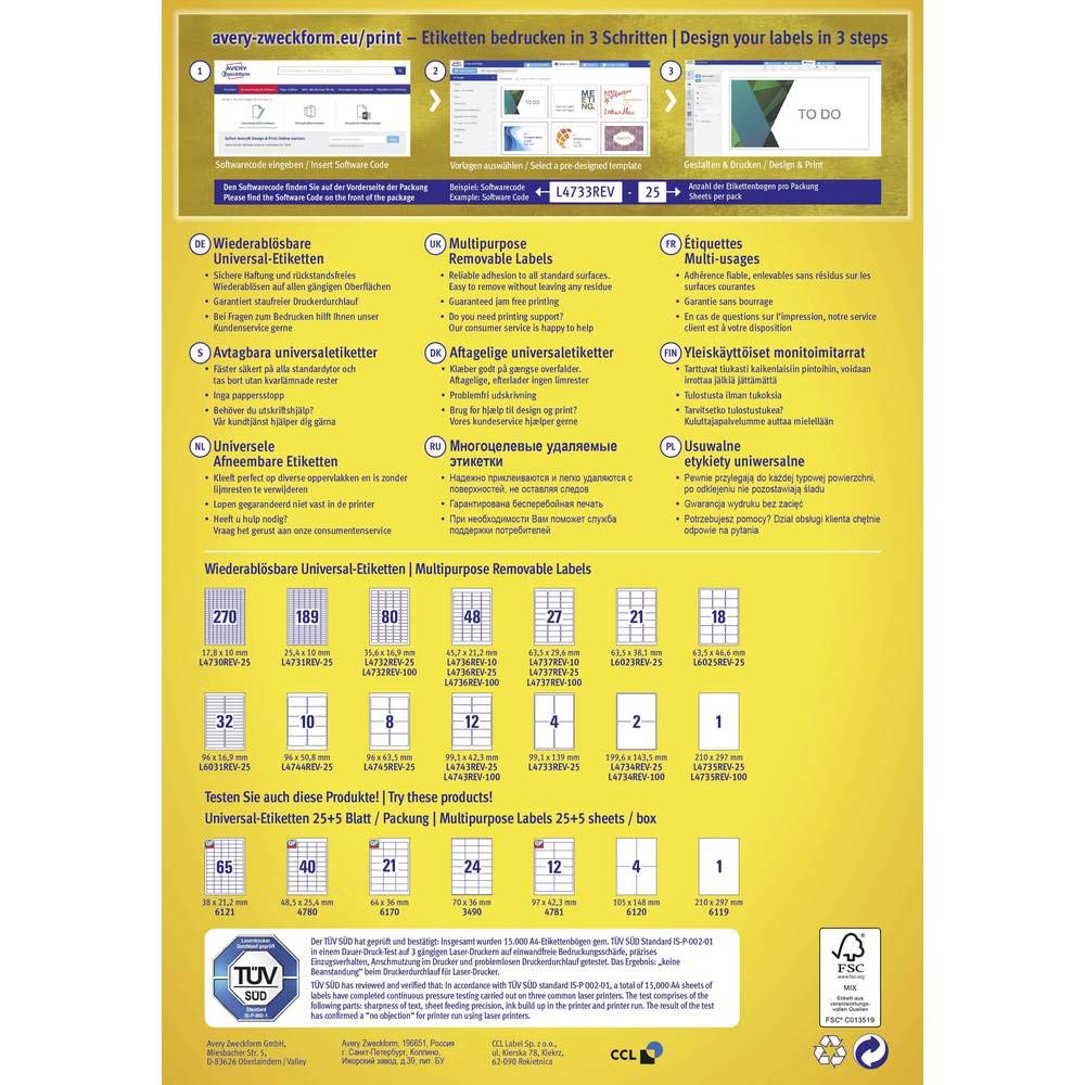 Avery Zweckform – Etichette universali per tutte le stampanti formato A4, 45,7 x 21,2 mm weiß (wiederablösbar), 4800 Pezzi