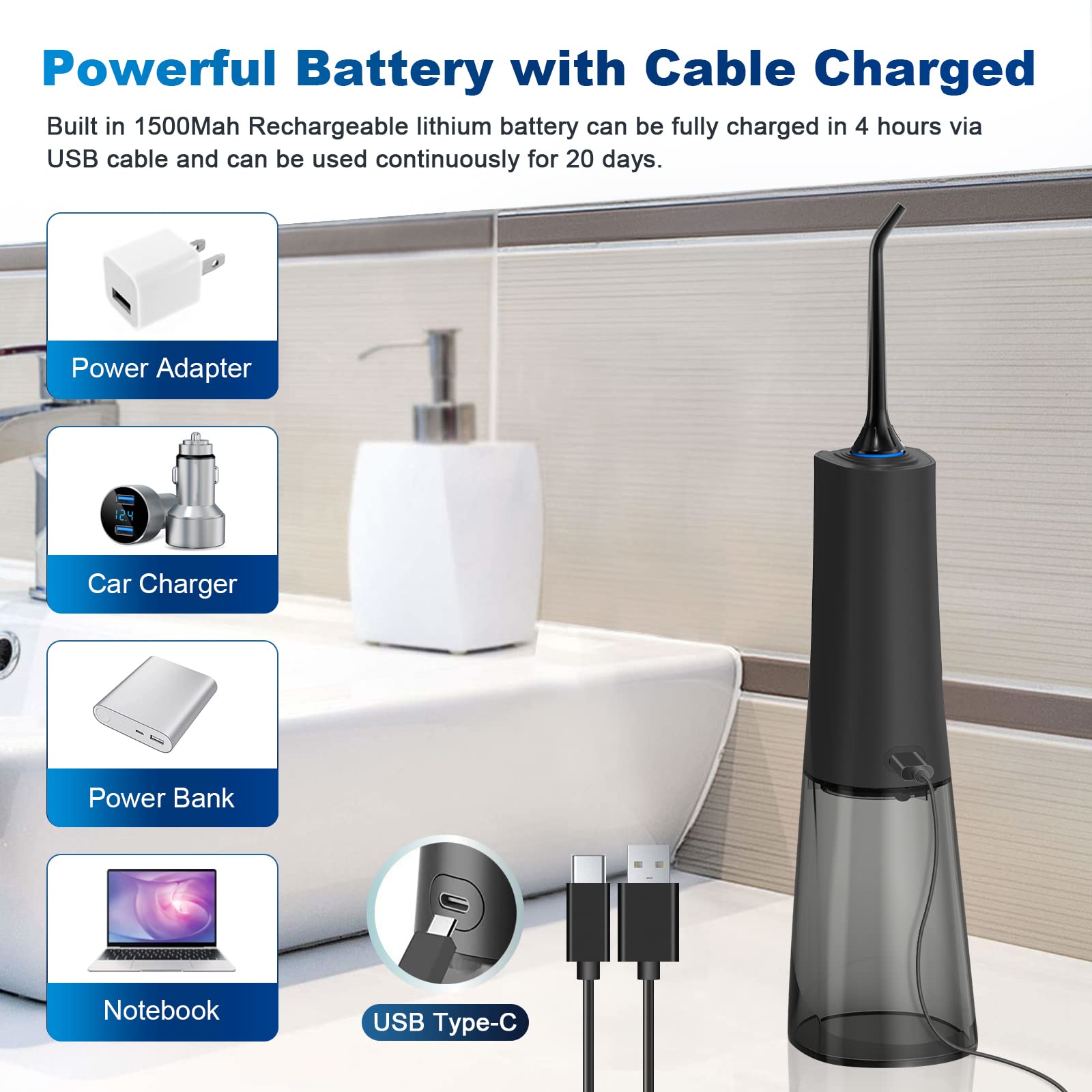 SURFOU Munddusche Kabellos Mundduschen 230ML 5 Modi 7 Düsen, Mundduschen Testsieger 2023 Reise Water Flosser IPX7 Wasserdicht USB TYP-C wiederaufladbar für Reisen & Hause