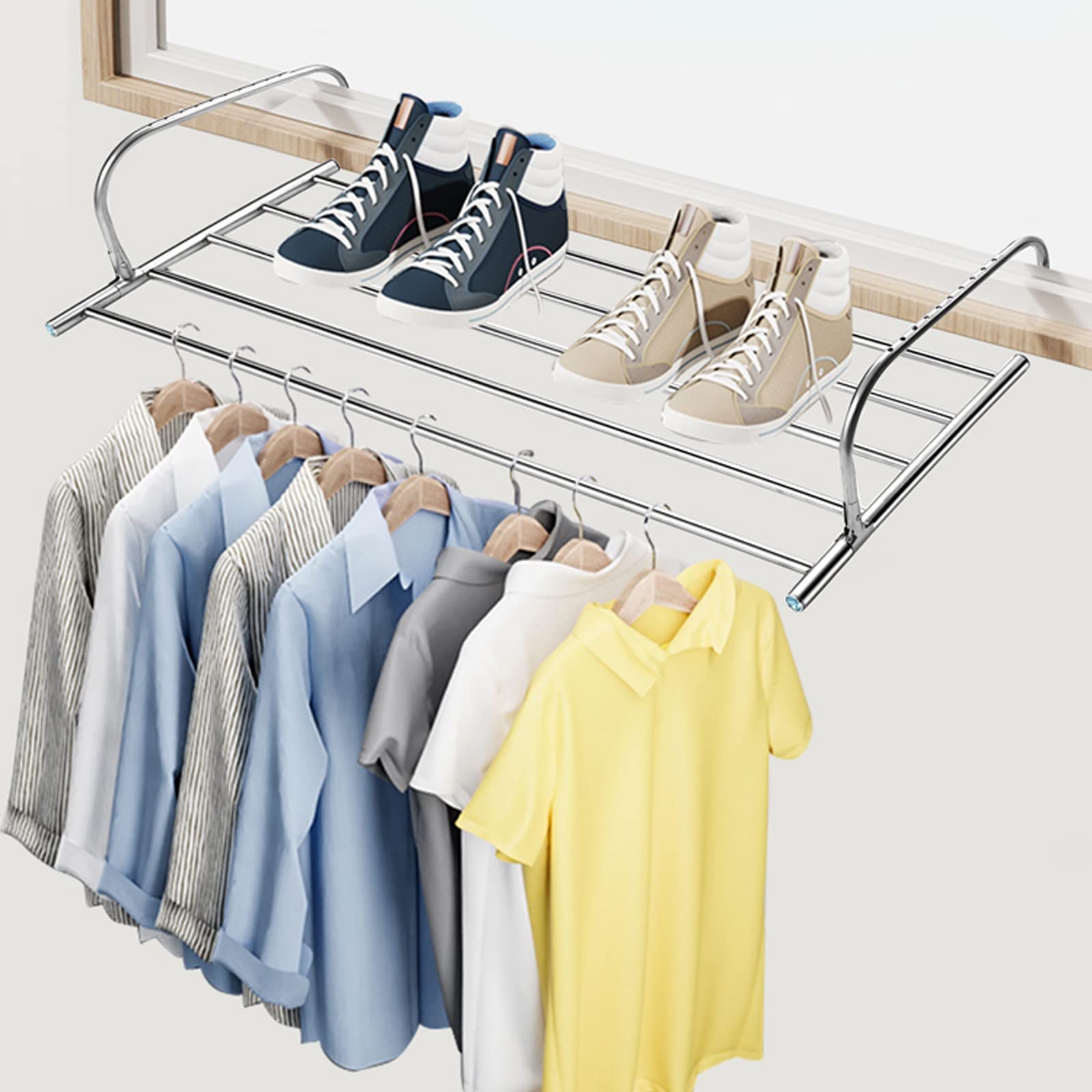 Wäscheständer, Wäschetrockner, Balkon-Schuhständer, ausziehbarer Balkon-Heizkörper-Wäscheständer, Edelstahl, faltbarer Wäscheständer, zum Aufhängen von Kleidung, Handtüchern, Unterwäsche, Schuhen, Soc