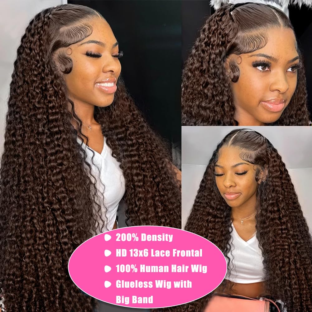 Chocolate Brown Lace Front Wig 200 Density 24 Inch 13x6 Deep Wave Lace Front Human Hair Pre Plucked Brown Curly HD Glueless Wig - Image 4