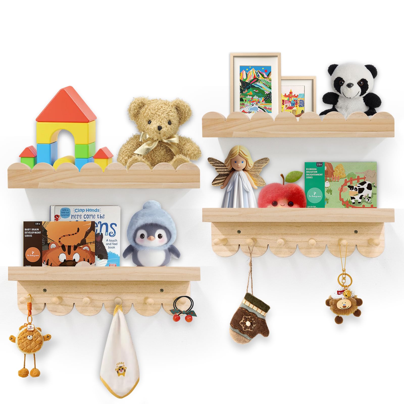 Varbonia Floating Nursery Book Shelves for Wall, 16'' Wood Book Shelf for Baby Boys Girls Bedroom Bathroom and Décor Storage, Wall Shelf for Books, Plants, Toys, Photo Frames (Wooden, 4 Pack)