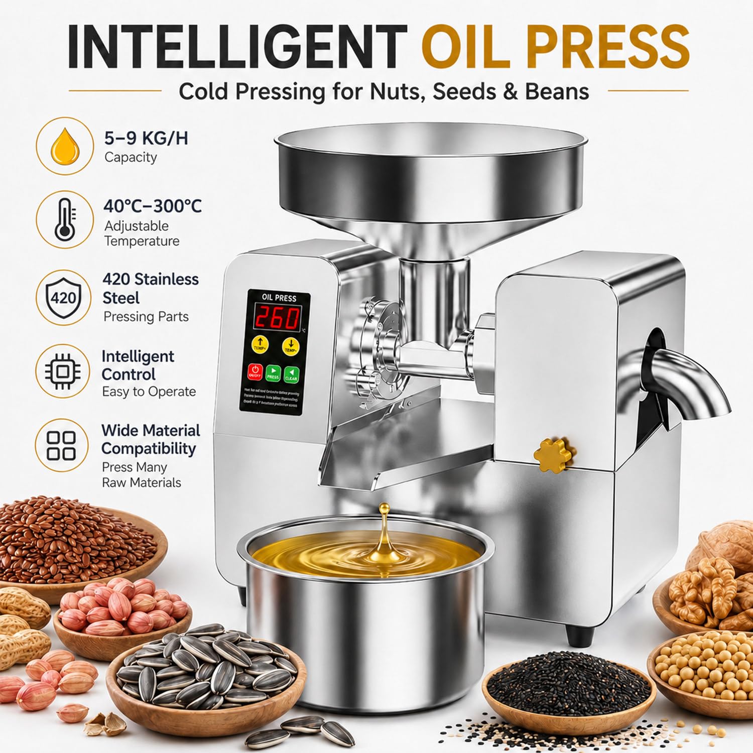 Macchina per Olio, Oil Press, Pressa per Olio, Spremi Olive, Frantoio Olive | 5-9Kg/H, Doppie Modalità Di Estrazione Dell'Olio, Funzione Di Inversione Automatica, Regolabile 40–300°C, Per Semi Oleosi