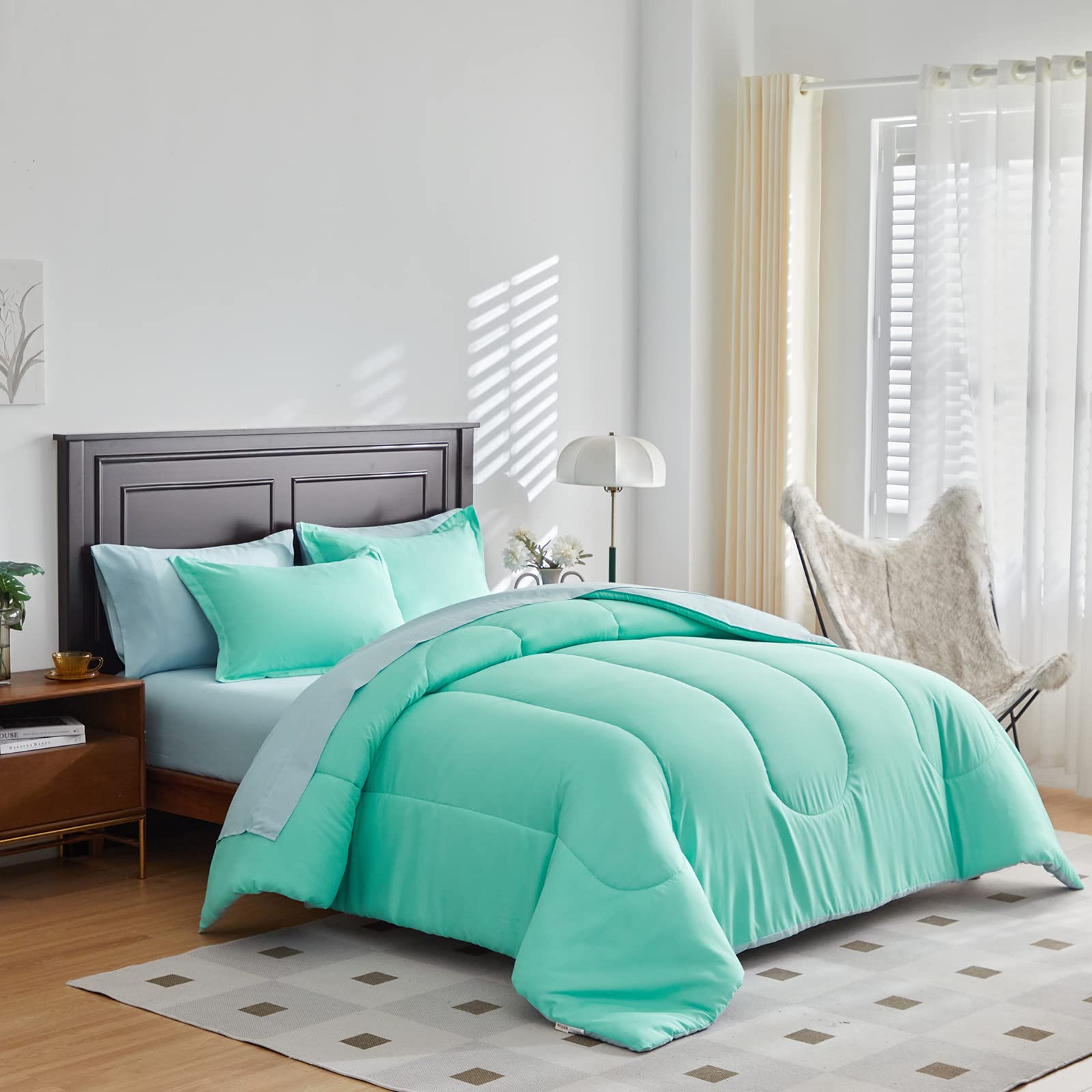 UOZZI BEDDING Teal Queen Comforter Set 7 Pieces Bed in a Bag with Spring Comforter Queen Size,Blue Sheets, Pillowcases & Shams Reversible Soft All Season Bed Set