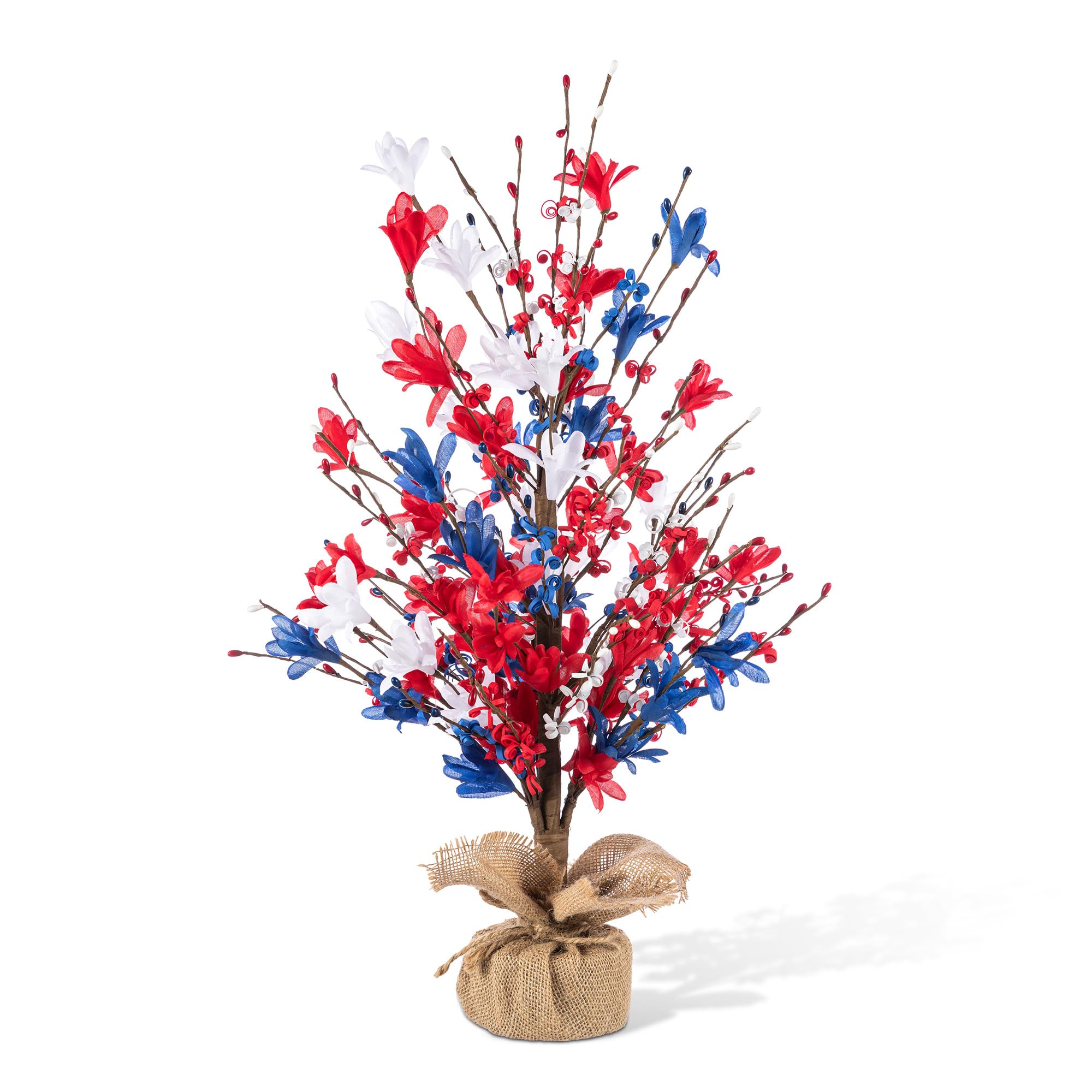 Glitzhome Multicolor Patriotic Table Tree, 21" Red White Blue Floral Centerpiece With Burlap Base, 4Th Of July & Memorial Day Tabletop Decor