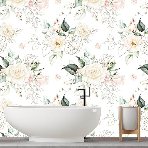 Miniatura 9 de BaoHArtHome Papel tapiz floral para despegar y pegar, papel de contacto extraíble con hojas de oro rosa, fácil de despegar, autoadhesivo, para