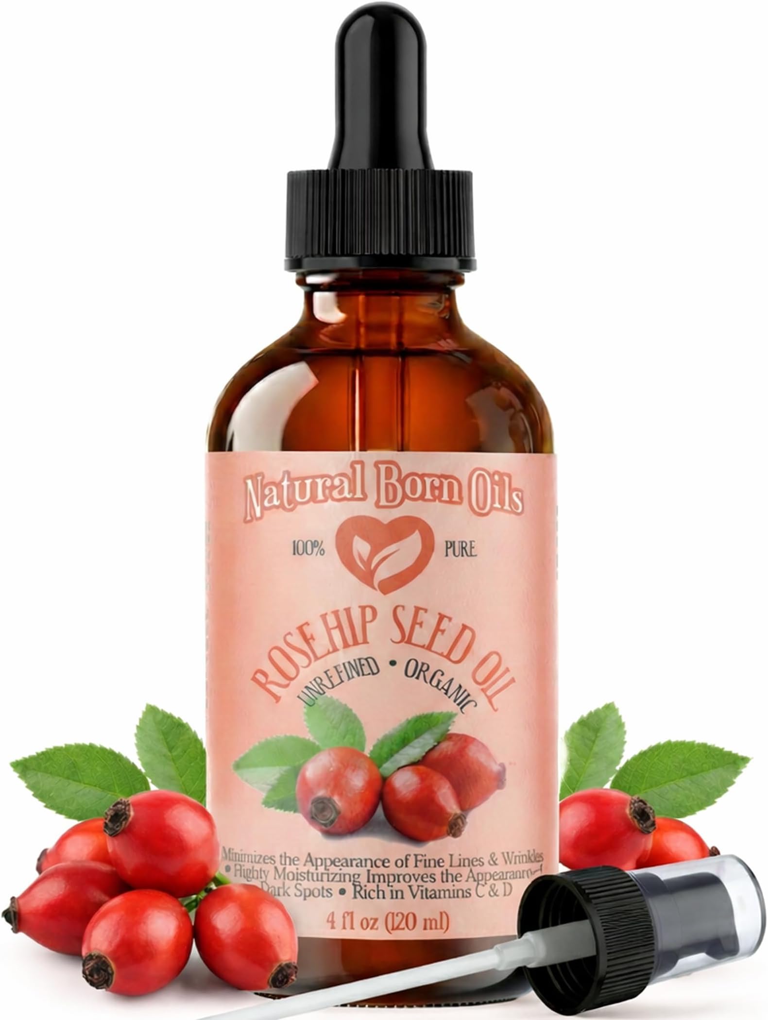 SALE! 4oz Rosehip Seed Oil, 100% Pure and Natural, Cold-Pressed, Unrefined, Organic Moisturizer for Skin and Hair - Includes Pump & Dropper