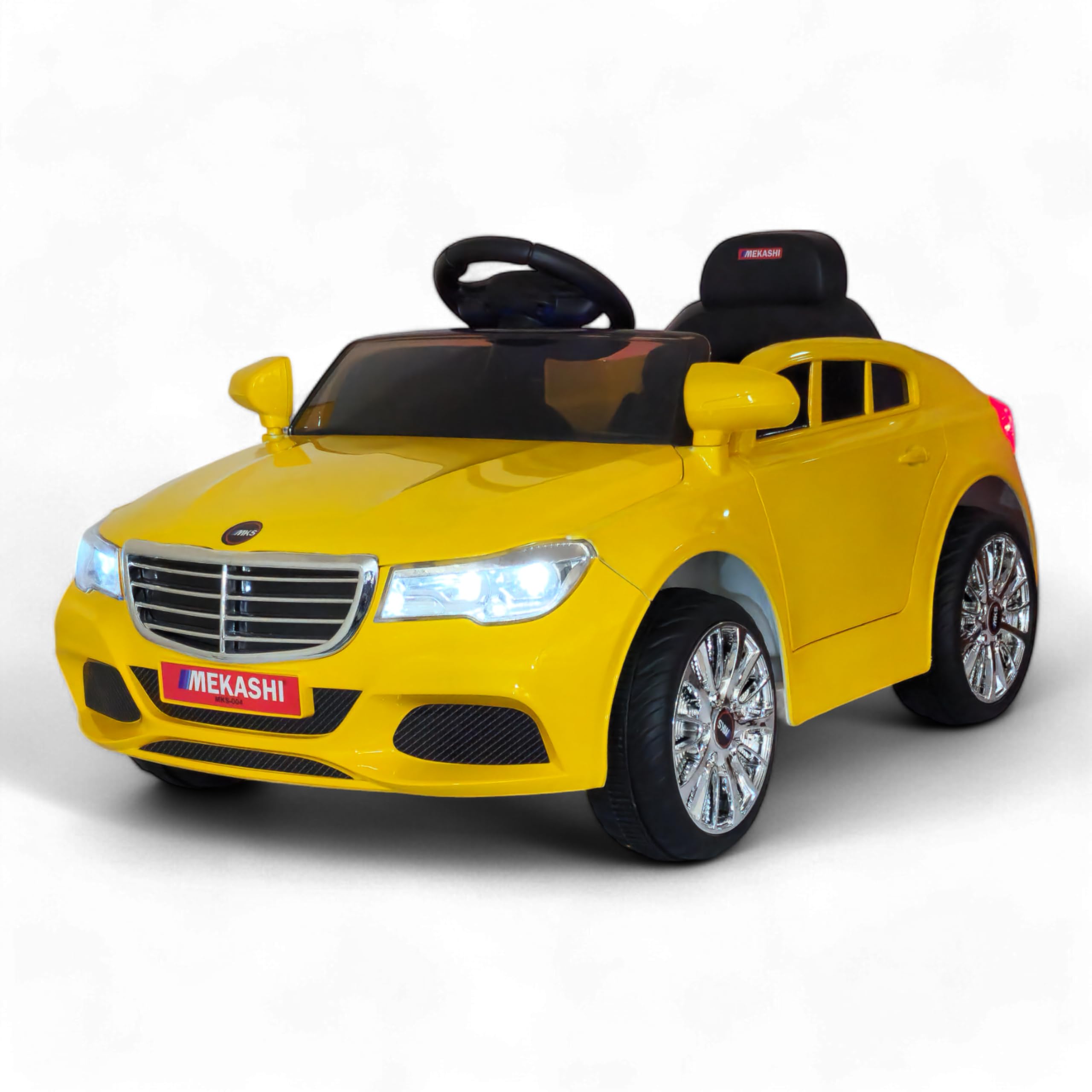 MEKASHI 12V Ride-On Car for Kids 1-4 Years, Glossy Yellow | Battery Operated, Electric Toy Car with Parent Remote Control, Bluetooth Music, LED Headlights