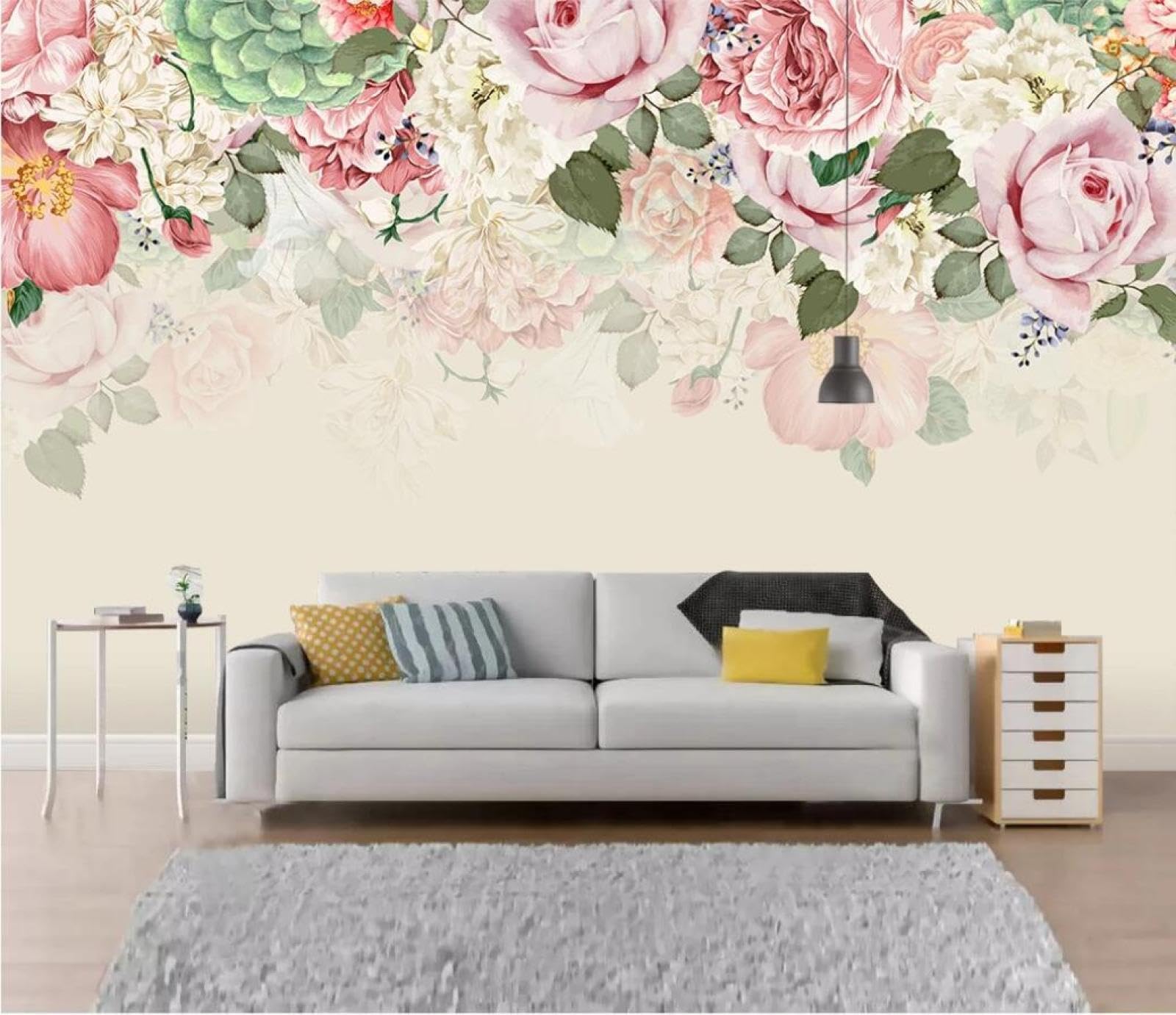 Carta Da Parati 3D Fiori Rosa Foglie Dipinti A Mano Rustico Carta Da Parati Camera Letto Moderna Fotomurali 3D Gigante Murale Decorazione