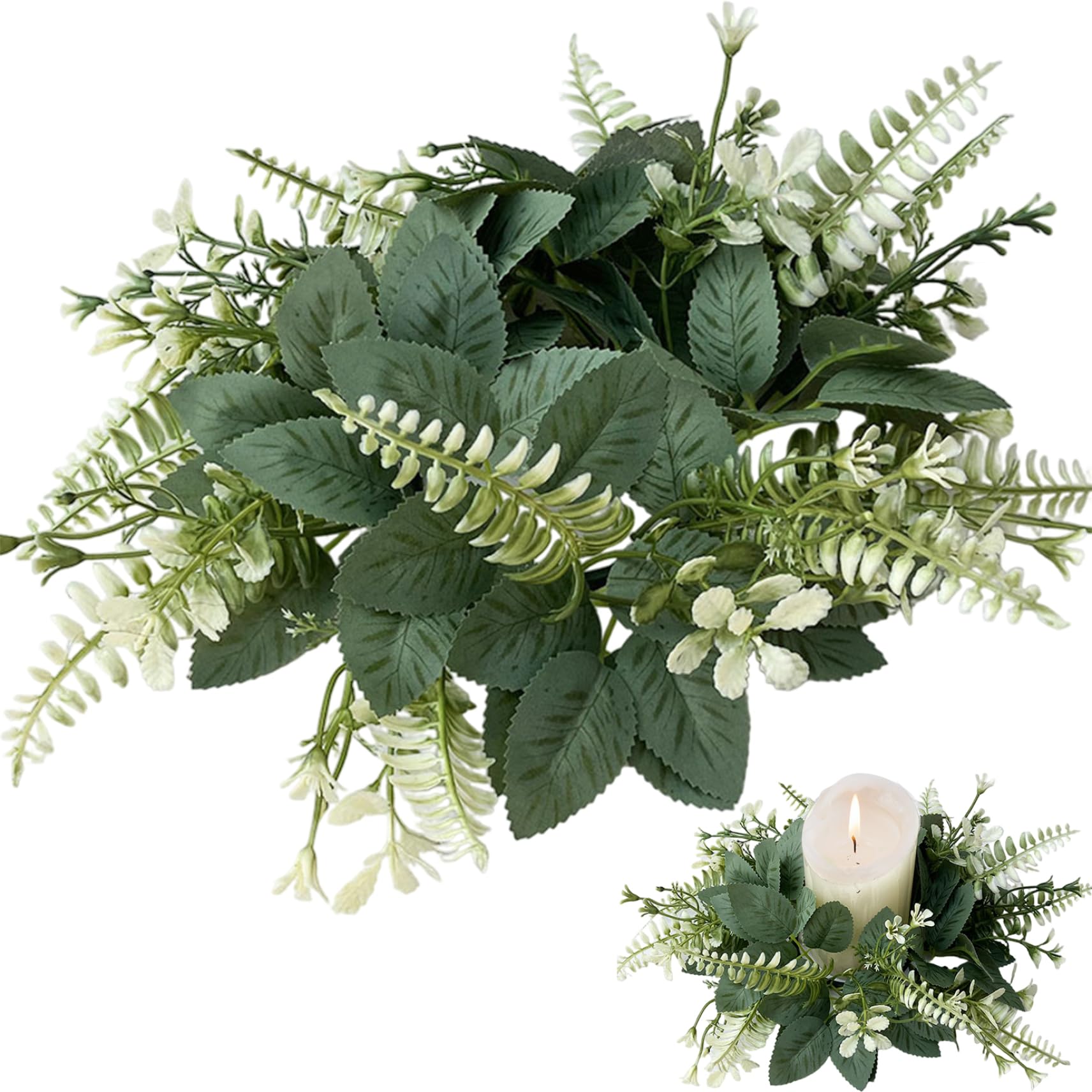 CNAFGBGG Candle Rings Wreaths, 10 Inch Artificial Candle Rings with Eucalyptus Leaves, Long Lasting Low Maintenance Silk Greenery Garland for Table Centerpieces