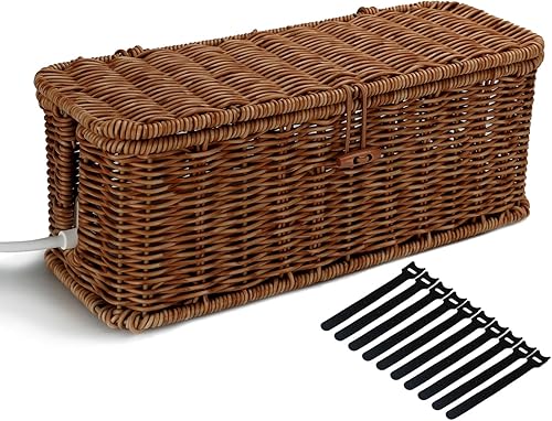 Miniatura 1 de Caja de organización de cables, caja organizadora de cables de ratán tejida a mano con tapa y bloqueo de botón, caja decorativa con soporte para