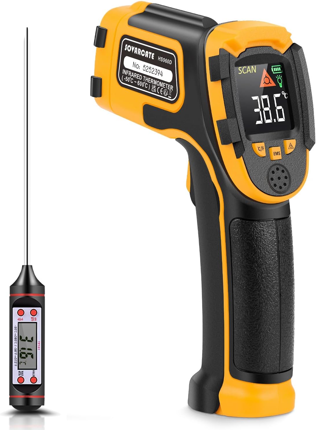 Infrared Thermometer -58℉～1112℉(-50℃～600℃) Non-Contact Laser Temperature Gun Digital Adjustable Emissivity IR Temp Gun - for Cooking, BBQ, Food, Fridge, Pizza Oven, Engine - Meat Thermometer Included