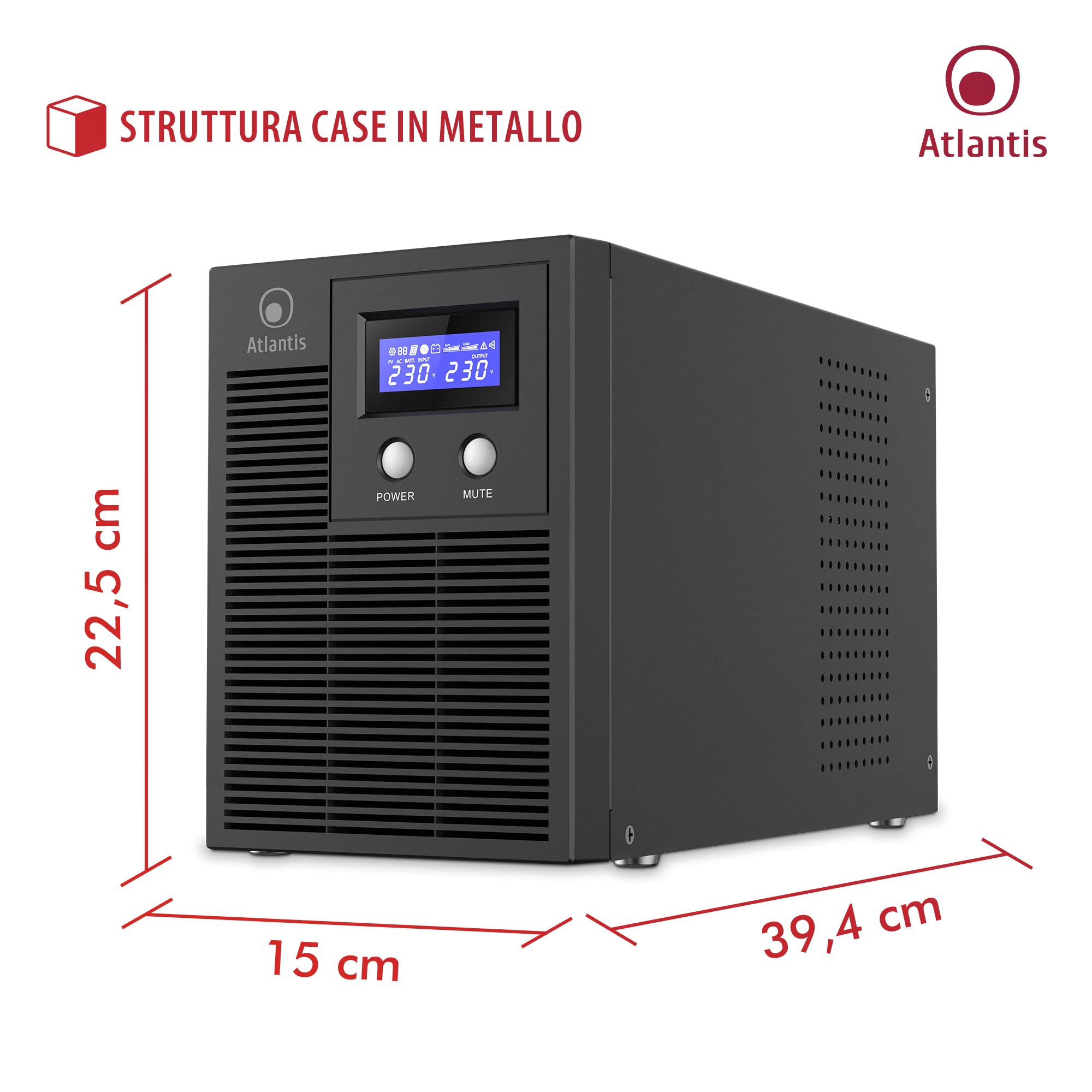 Atlantis A03-HP4003P Gruppo di Continuità Onda Sinusoidale Pura 3000VA 2100W Line Interactive, display LCD, porta USB-HID, 6 uscite IEC, 4 batterie 12V-7Ah, porta seriale RS232, slot per SNMP, softwa