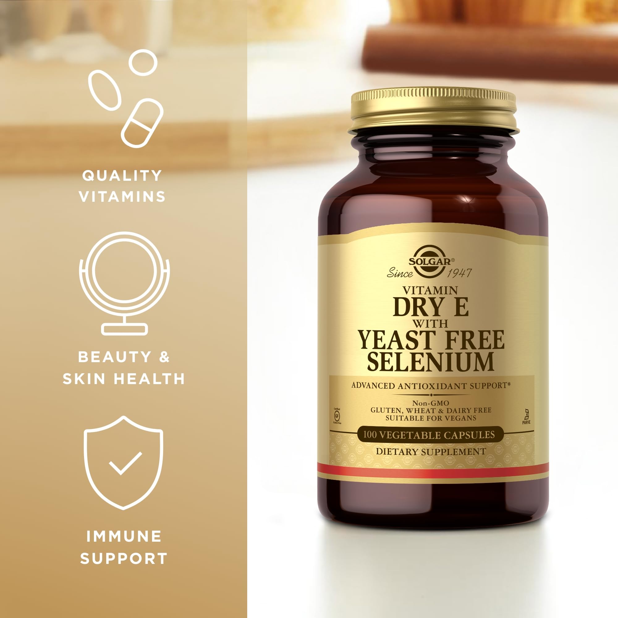 Solgar Dry Vitamin E with Yeast-Free Selenium - 100 Vegetable Capsules - Advanced Antioxidant Support - Non-GMO, Vegan, Gluten Free, Dairy Free, Kosher - 50 Servings