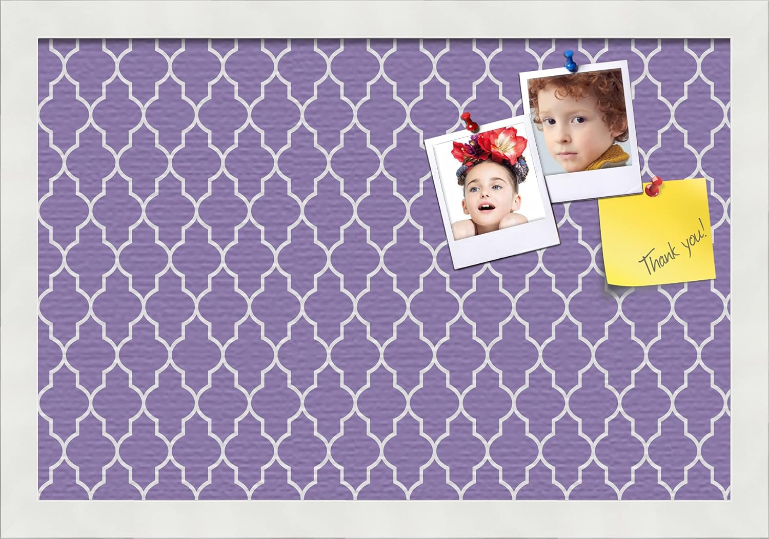 PinPix 18x12 Custom Cork Bulletin Board Quatrefoil Purple Poster Board with a Canvas Style Photo Board, Framed in Satin White Frame (PinPix-282)