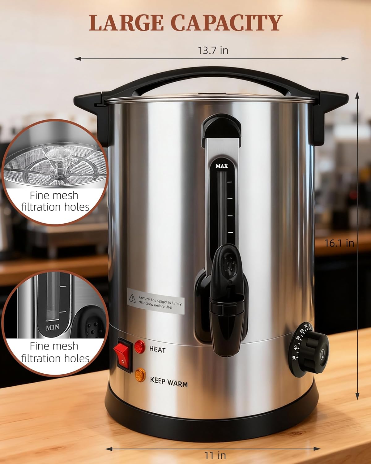 xeoca commercial coffee urn, 100 cup coffee maker and hot water urn, 1500w fast-brewing percolator for business, parties, catering, and large gatherings (100 cups)