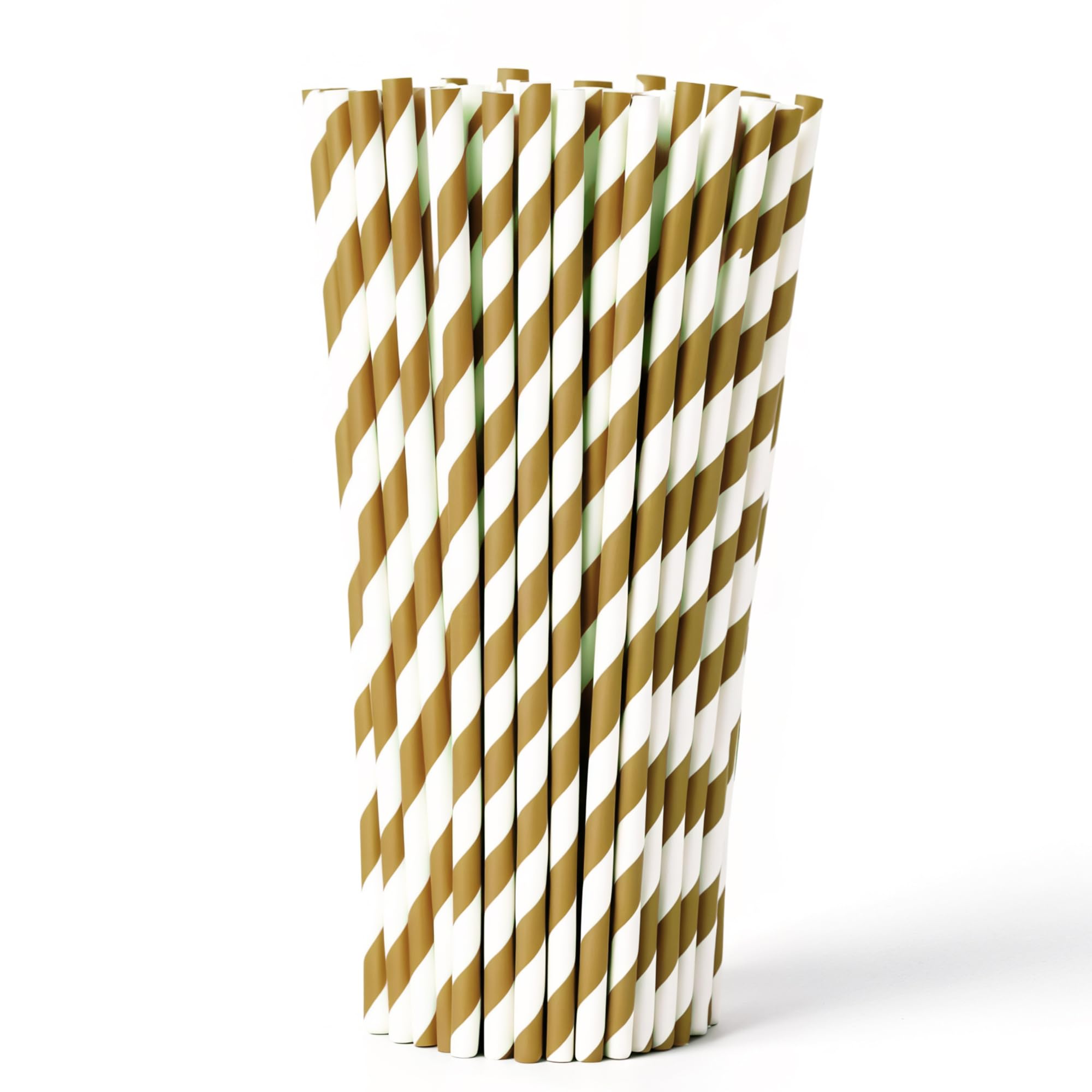 Compostable Paper Straws – Durable, Non-Soggy, Food-Safe – Striped, Multi-Layered for Long-Lasting Use – Perfect for Juice, Coffee, Party & Events, Gold & White, 100pcs