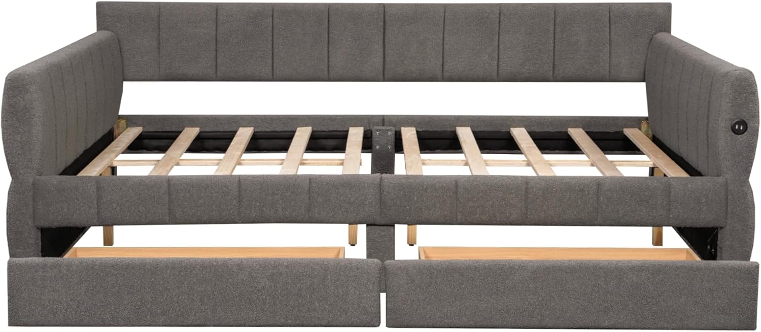 Ball & Cast Queen Size Daybed with Storage Drawers and USB Port,Upholstered Day Bed Frame with Channel Tufted Backrest and Armrest, Boucle Fabric,No Box Spring Needed,Gray