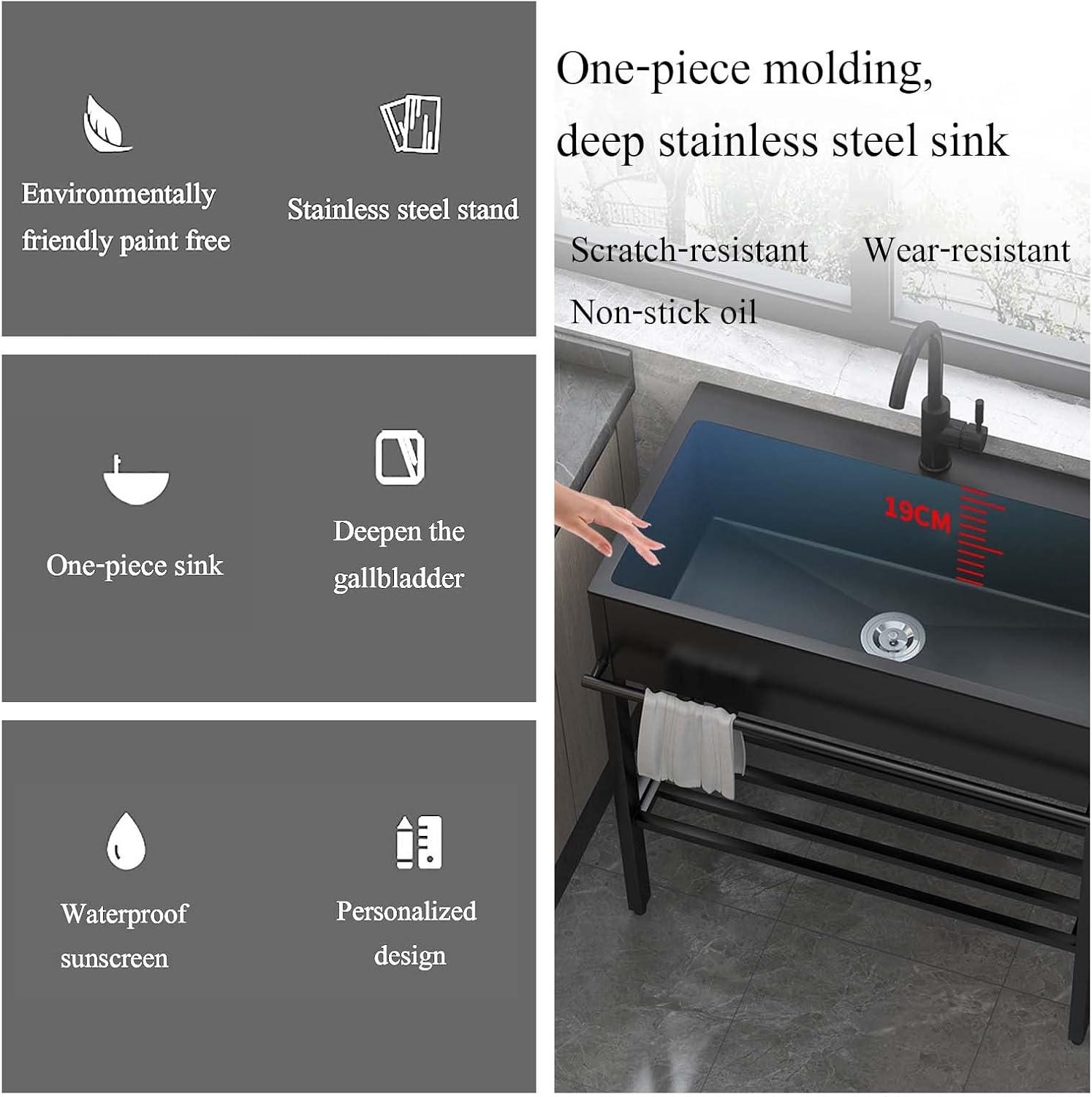 Kitchen Sink Black Freestanding Stainless Steel Utility Sink,Sink for Kitchen, Outdoor Stainless Steel Sink, Black Stainless Steel Sink with Faucet, for Indoor Patio Laundry Room Workshop Garage